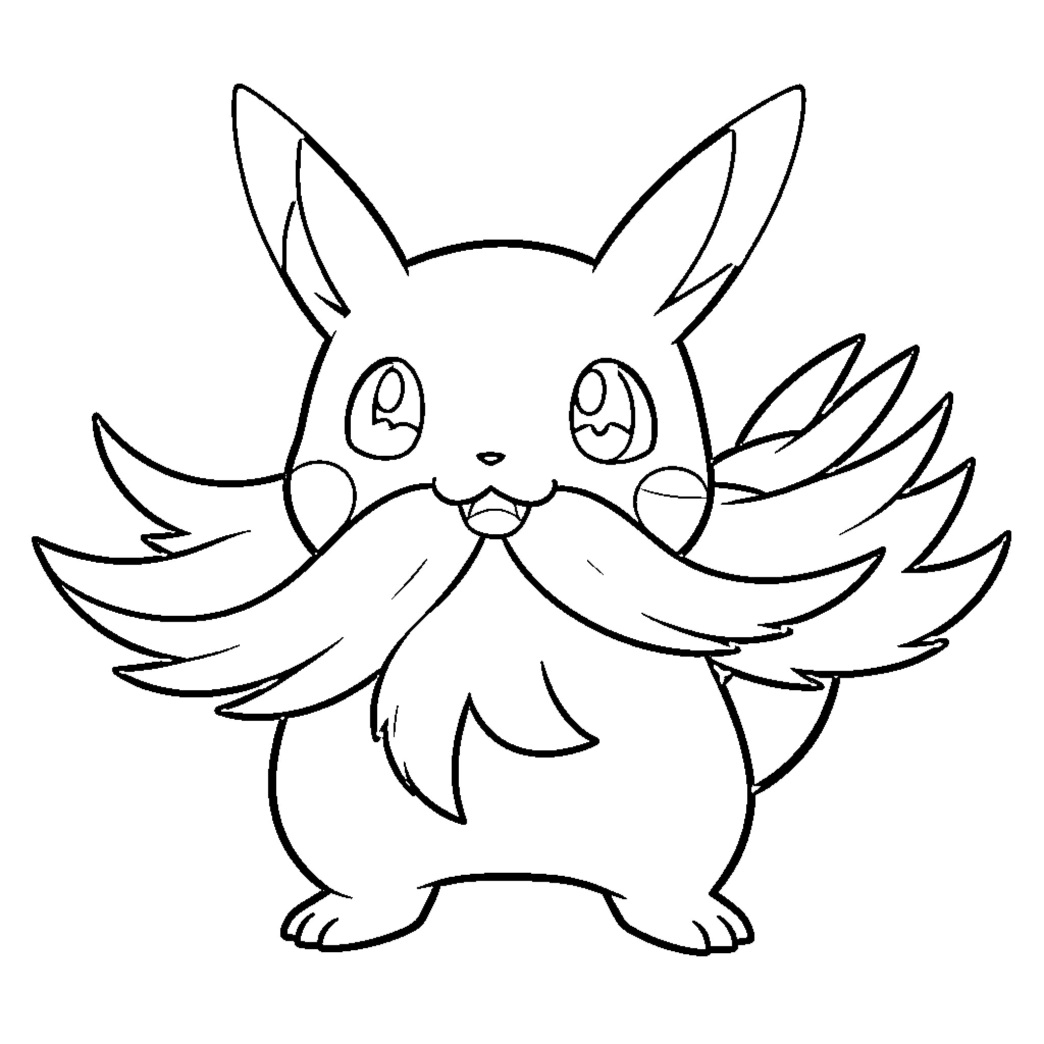 Pokémon Eevee wearing a large bushy mustache Coloring Page (free black-and-white line drawing printable PDF for all, from beginners to advanced learners, including children, teens, adults, and seniors)