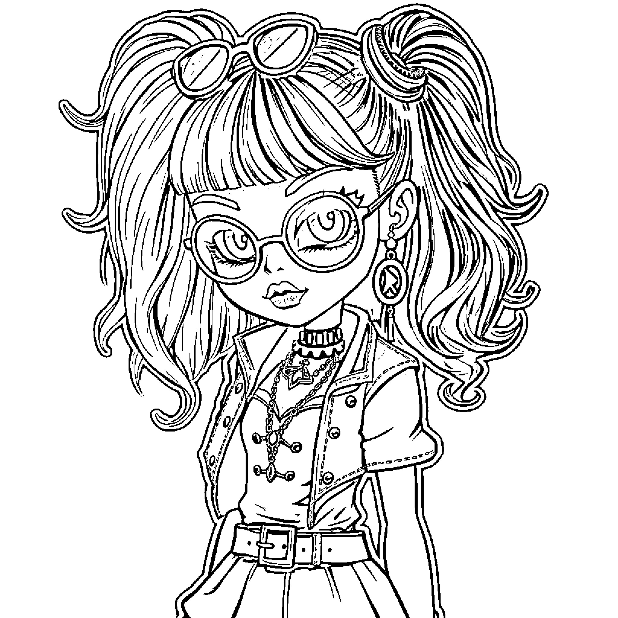 Brats Doll with Stylish Outfit and Accessories Coloring Page (free black-and-white line drawing printable PDF for all, from beginners to advanced learners, including children, teens, adults, and seniors)