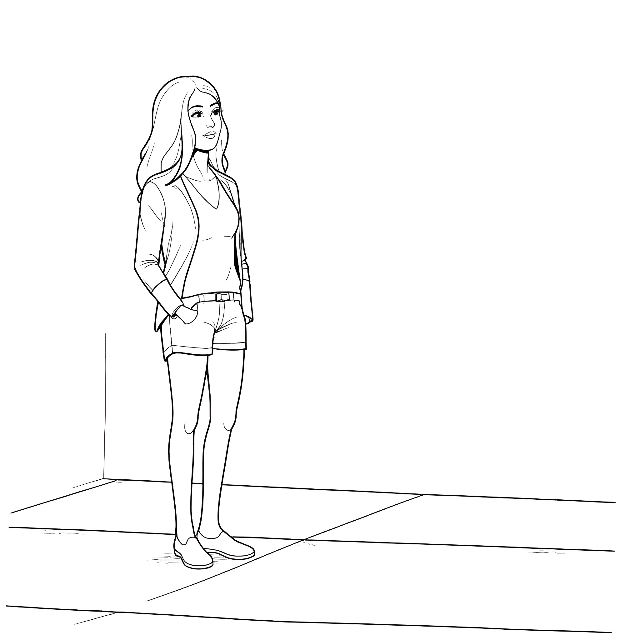 Woman standing casually with hands in pockets Coloring Page (free black-and-white line drawing printable PDF for all, from beginners to advanced learners, including children, teens, adults, and seniors)