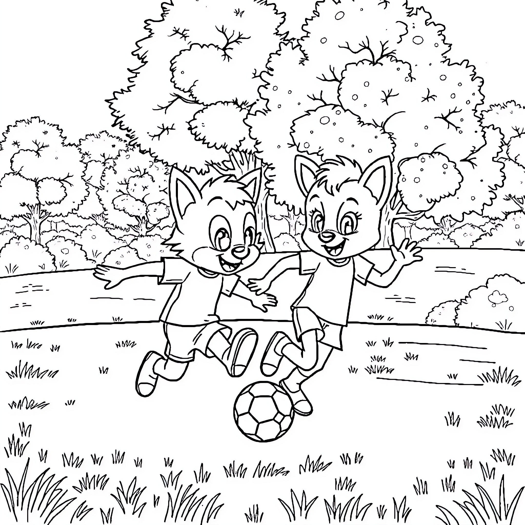 Bluey and Bingo playing soccer in the park Coloring Page (free black-and-white line drawing printable PDF for all, from beginners to advanced learners, including children, teens, adults, and seniors)