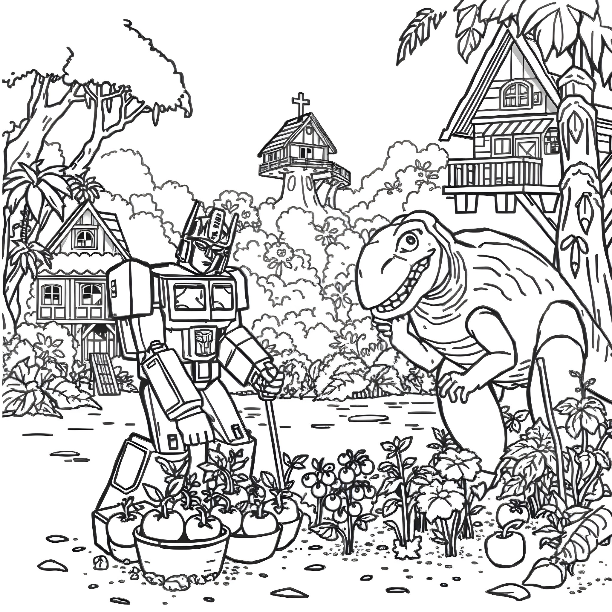 Optimus Prime exploring a whimsical village with dinosaurs Coloring Page (free black-and-white line drawing printable PDF for all, from beginners to advanced learners, including children, teens, adults, and seniors)