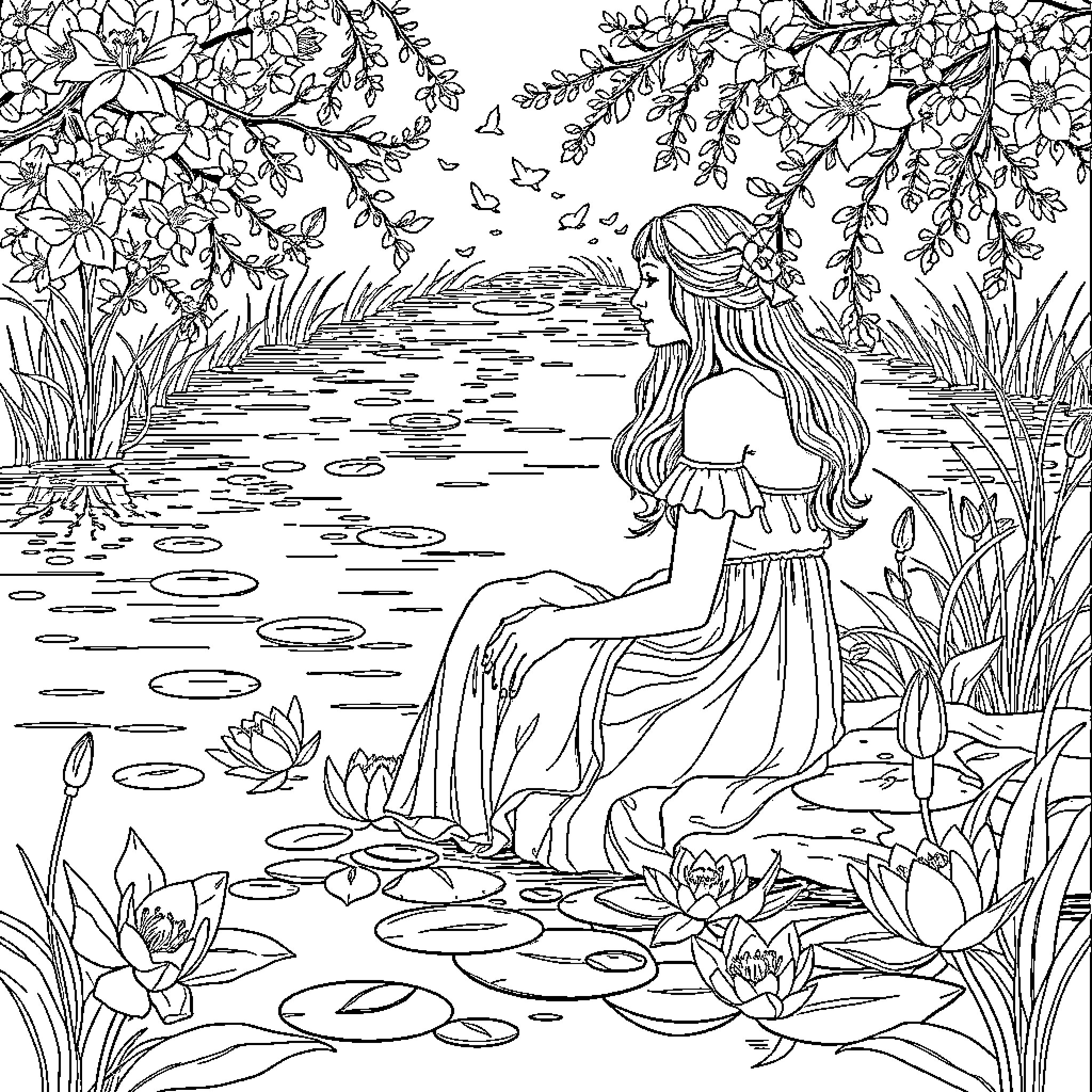 Ophelia sitting peacefully by the lily pond Coloring Page (free black-and-white line drawing printable PDF for all, from beginners to advanced learners, including children, teens, adults, and seniors)