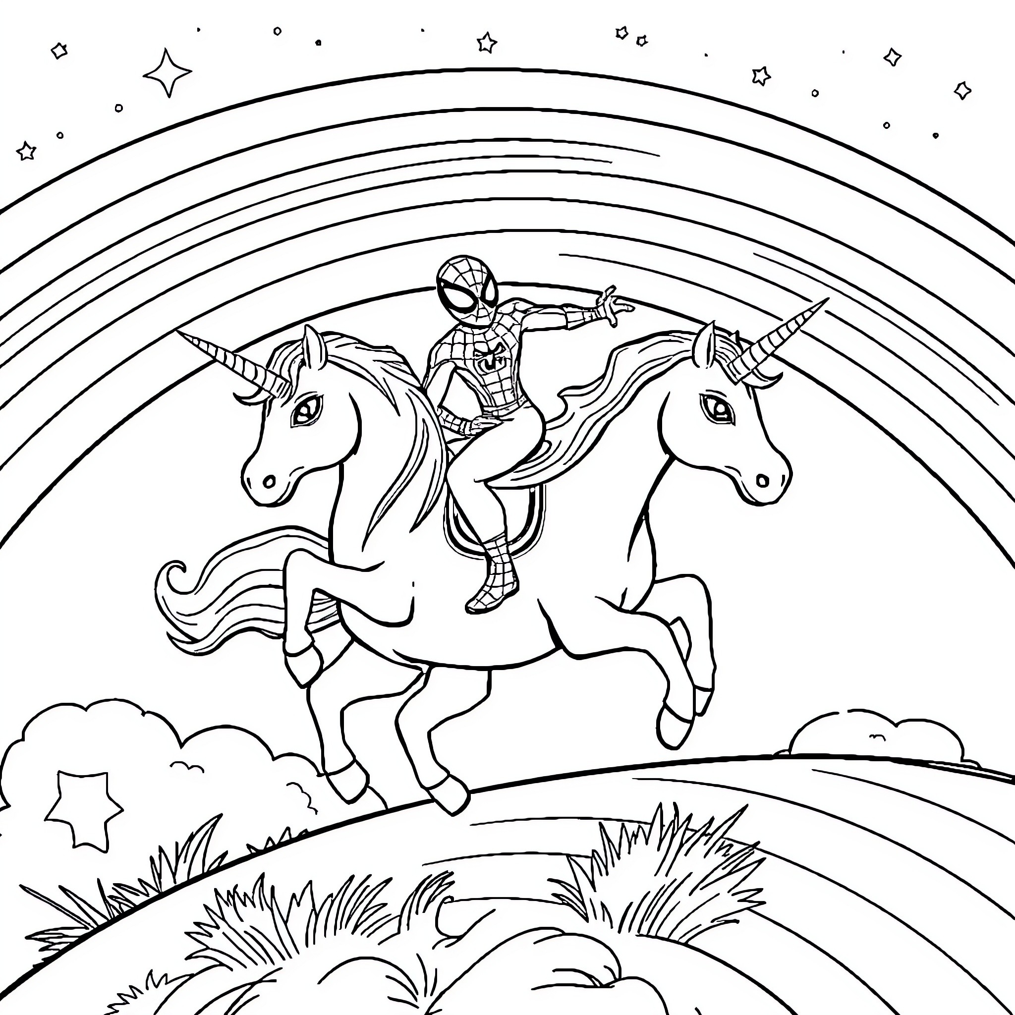 Spider-Man riding unicorns through a starry night Coloring Page (free black-and-white line drawing printable PDF for all, from beginners to advanced learners, including children, teens, adults, and seniors)
