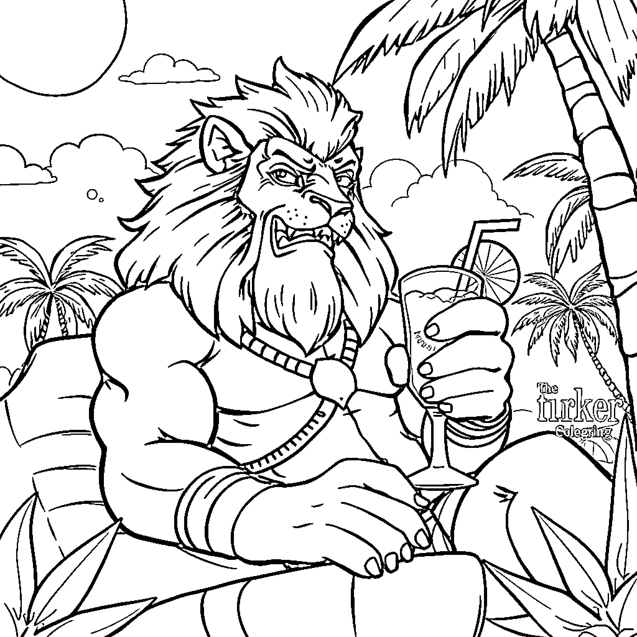 Lion-O Roaring Fiercely in Jungle Setting Coloring Page (free black-and-white line drawing printable PDF for all, from beginners to advanced learners, including children, teens, adults, and seniors)