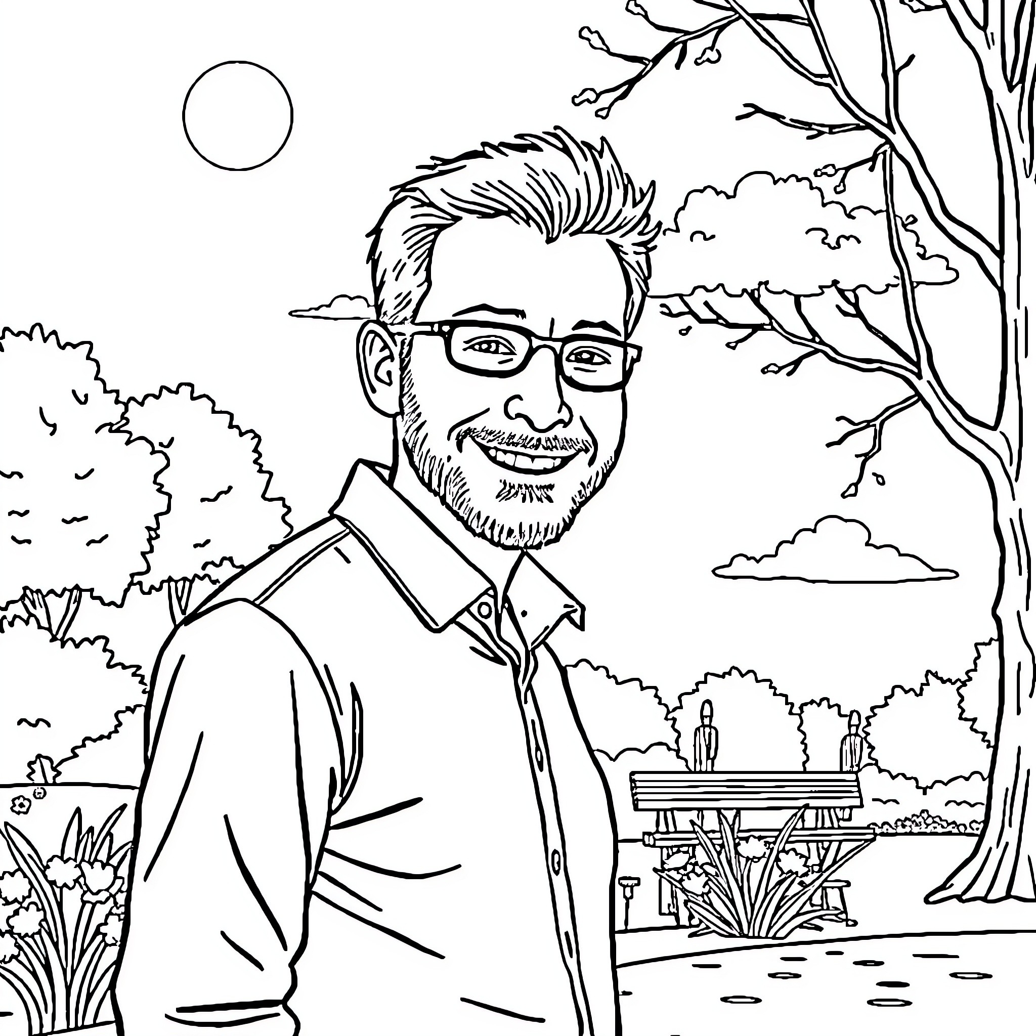 Stephen Cusson enjoying a peaceful day outdoors Coloring Page (free black-and-white line drawing printable PDF for all, from beginners to advanced learners, including children, teens, adults, and seniors)