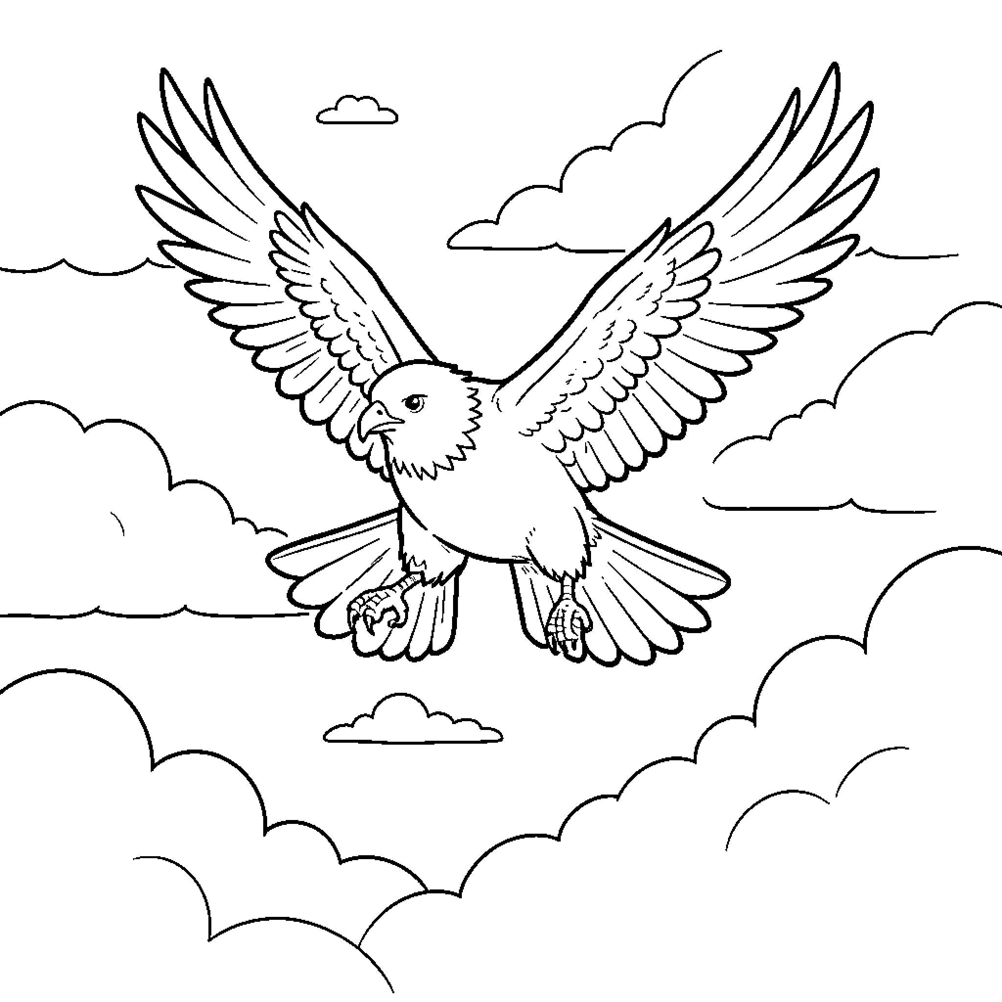 Ane bird soaring through the clouds Coloring Page (free black-and-white line drawing printable PDF for all, from beginners to advanced learners, including children, teens, adults, and seniors)