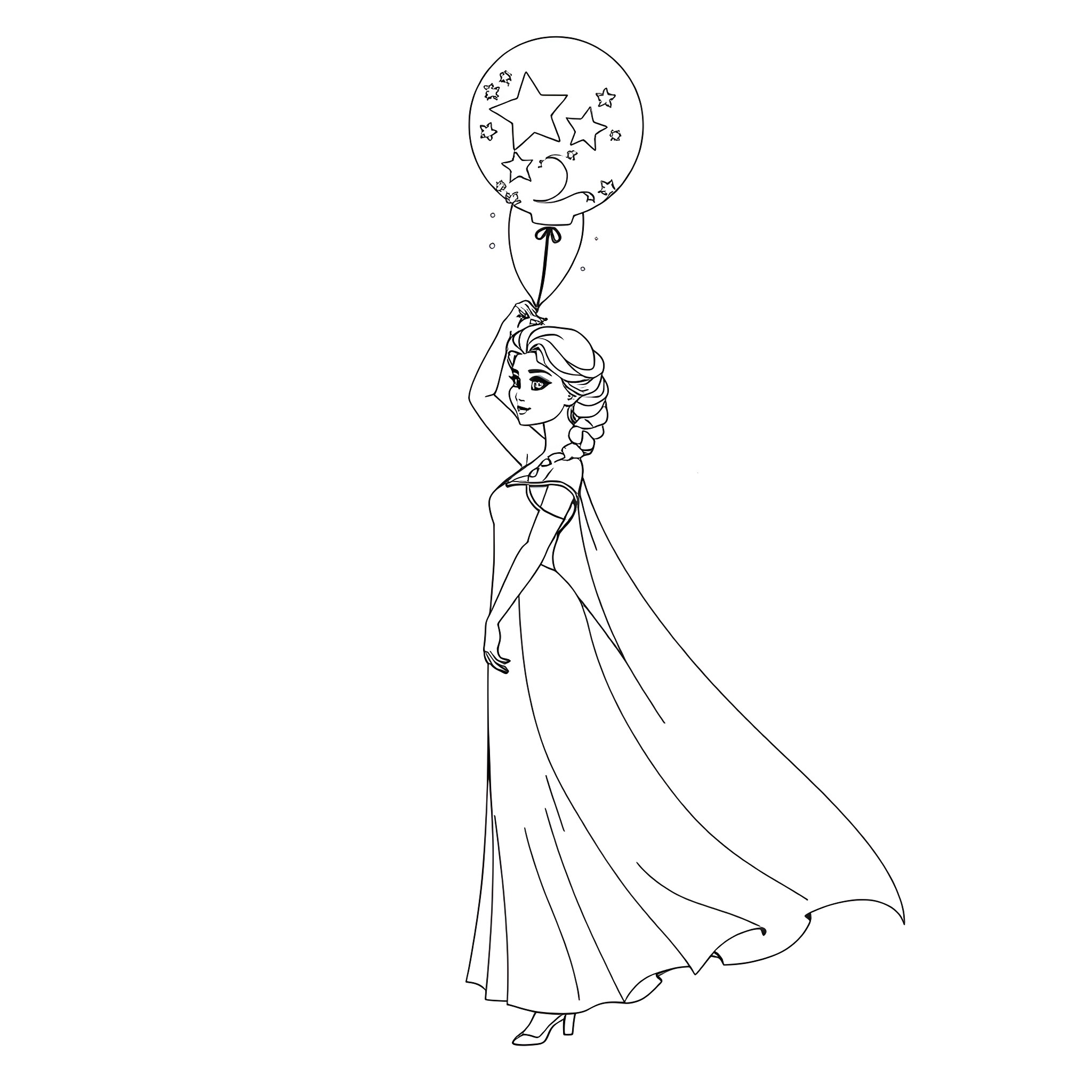 Elsa holding star-shaped balloons in the air Coloring Page (free black-and-white line drawing printable PDF for all, from beginners to advanced learners, including children, teens, adults, and seniors)