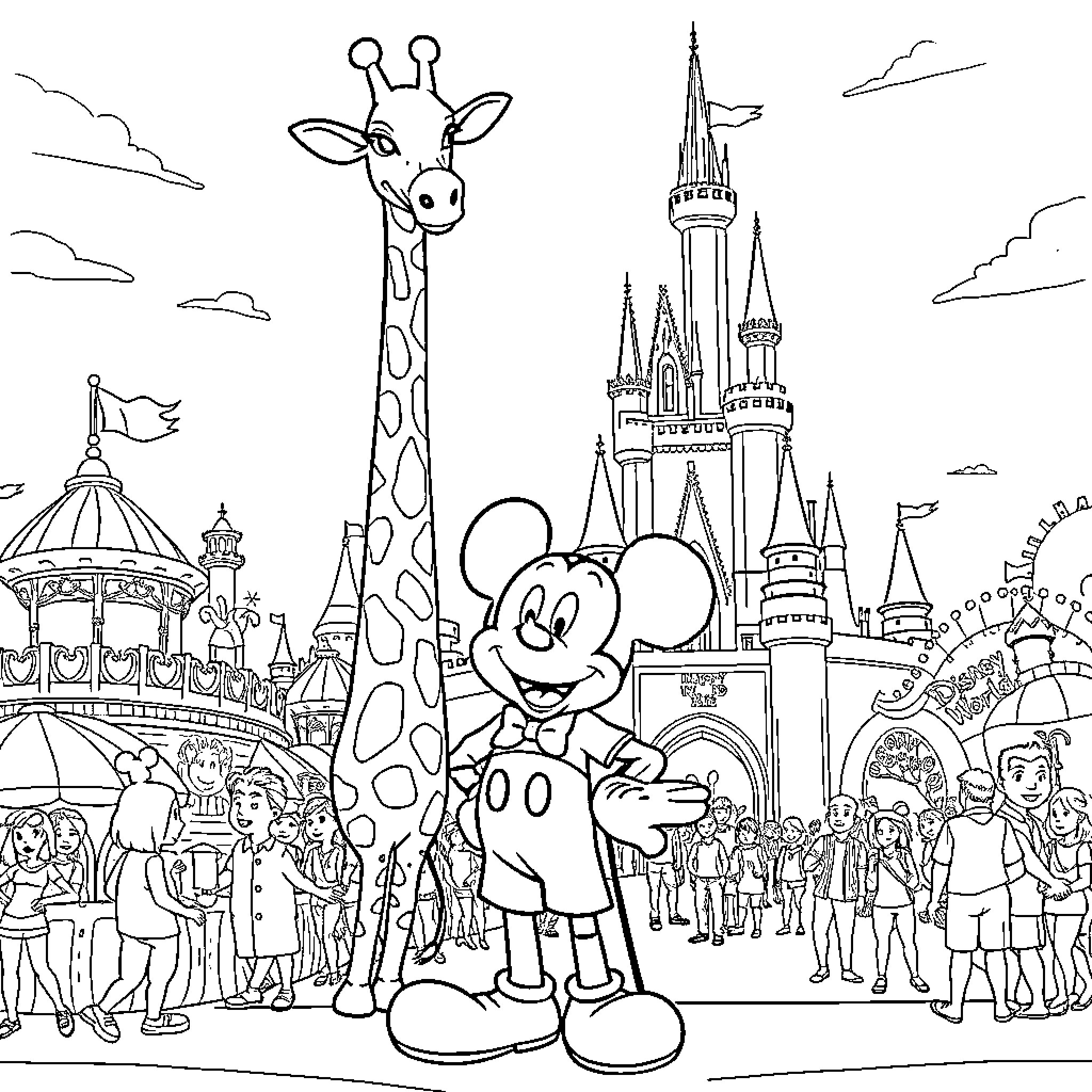 Giraffe and Mickey Mouse at the Whimsical Amusement Park Coloring Page (free black-and-white line drawing printable PDF for all, from beginners to advanced learners, including children, teens, adults, and seniors)