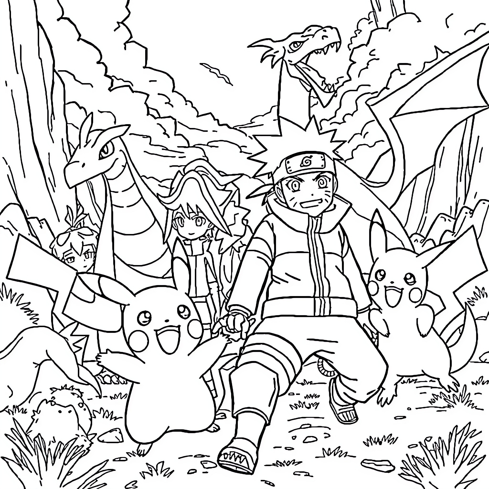 Pokémon Trainers and Their Companions on an Adventure Coloring Page (free black-and-white line drawing printable PDF for all, from beginners to advanced learners, including children, teens, adults, and seniors)
