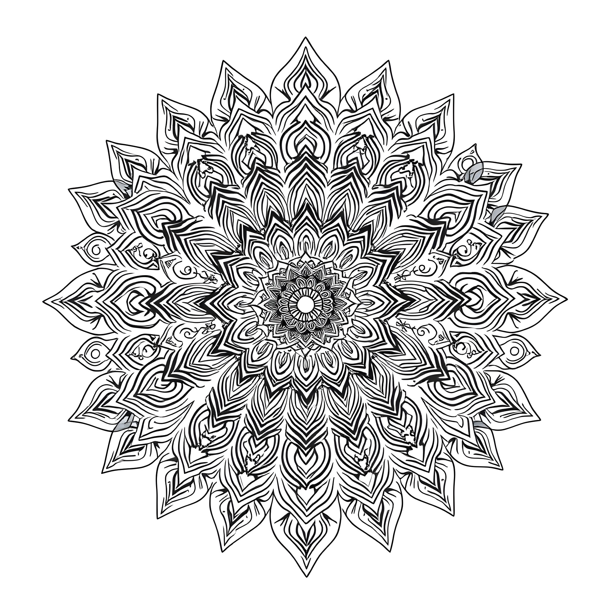 Mandala of intricate floral patterns and symmetry Coloring Page (free black-and-white line drawing printable PDF for all, from beginners to advanced learners, including children, teens, adults, and seniors)