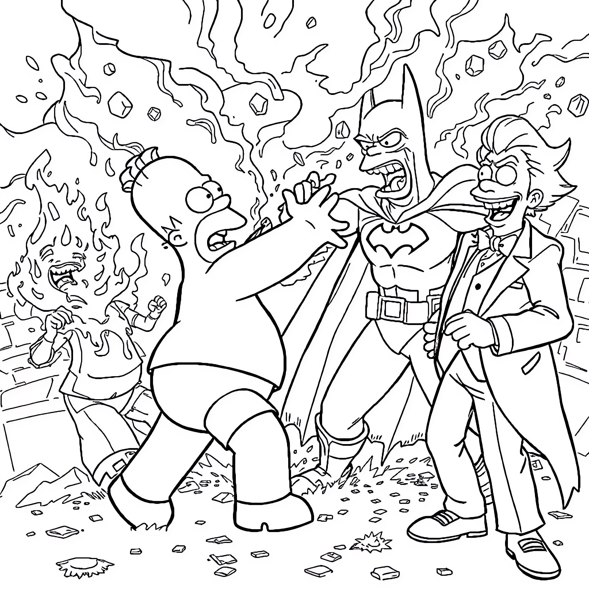 Homer Simpson battles against Batman and Joker Coloring Page (free black-and-white line drawing printable PDF for all, from beginners to advanced learners, including children, teens, adults, and seniors)