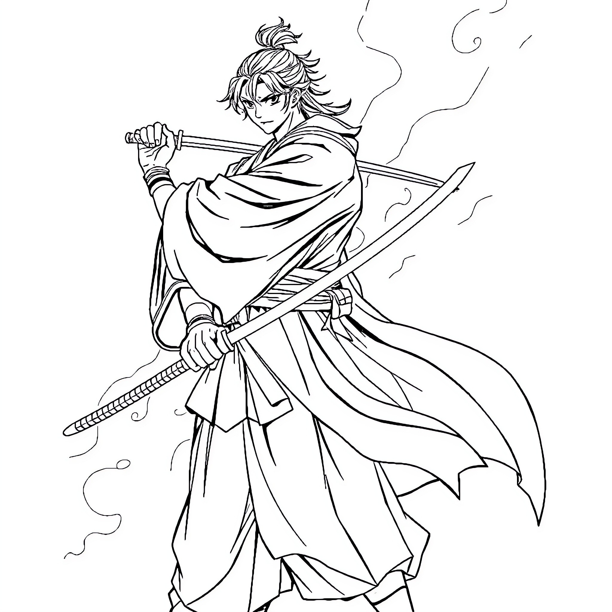 Giyu, the Swordsman in the Wind Coloring Page (free black-and-white line drawing printable PDF for all, from beginners to advanced learners, including children, teens, adults, and seniors)