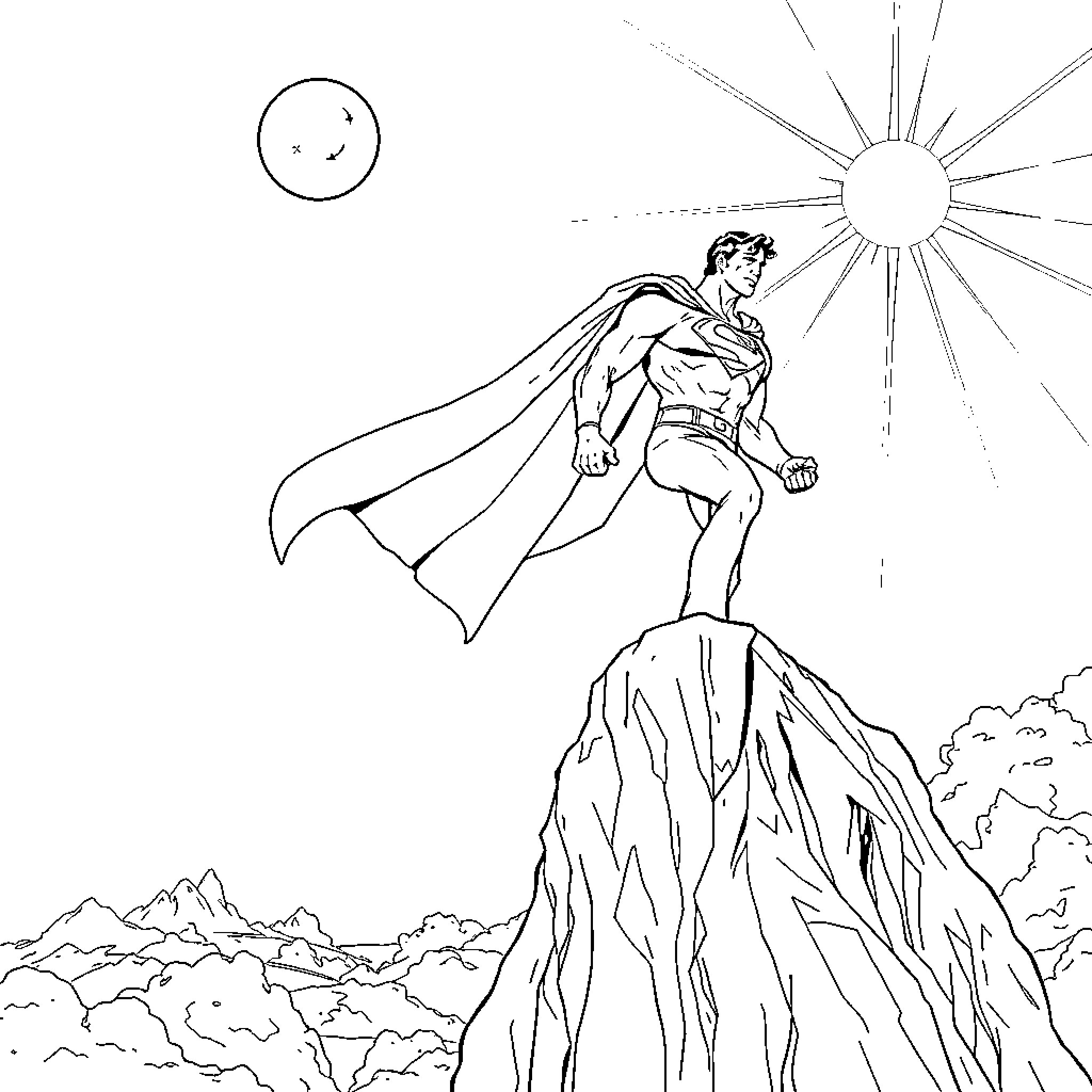 Superman heroically soaring over rugged terrain Coloring Page (free black-and-white line drawing printable PDF for all, from beginners to advanced learners, including children, teens, adults, and seniors)