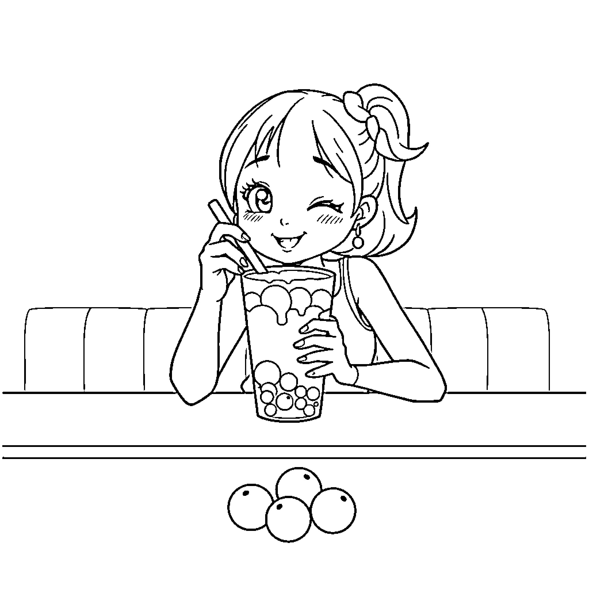 Mira enjoying a refreshing beverage Coloring Page (free black-and-white line drawing printable PDF for all, from beginners to advanced learners, including children, teens, adults, and seniors)