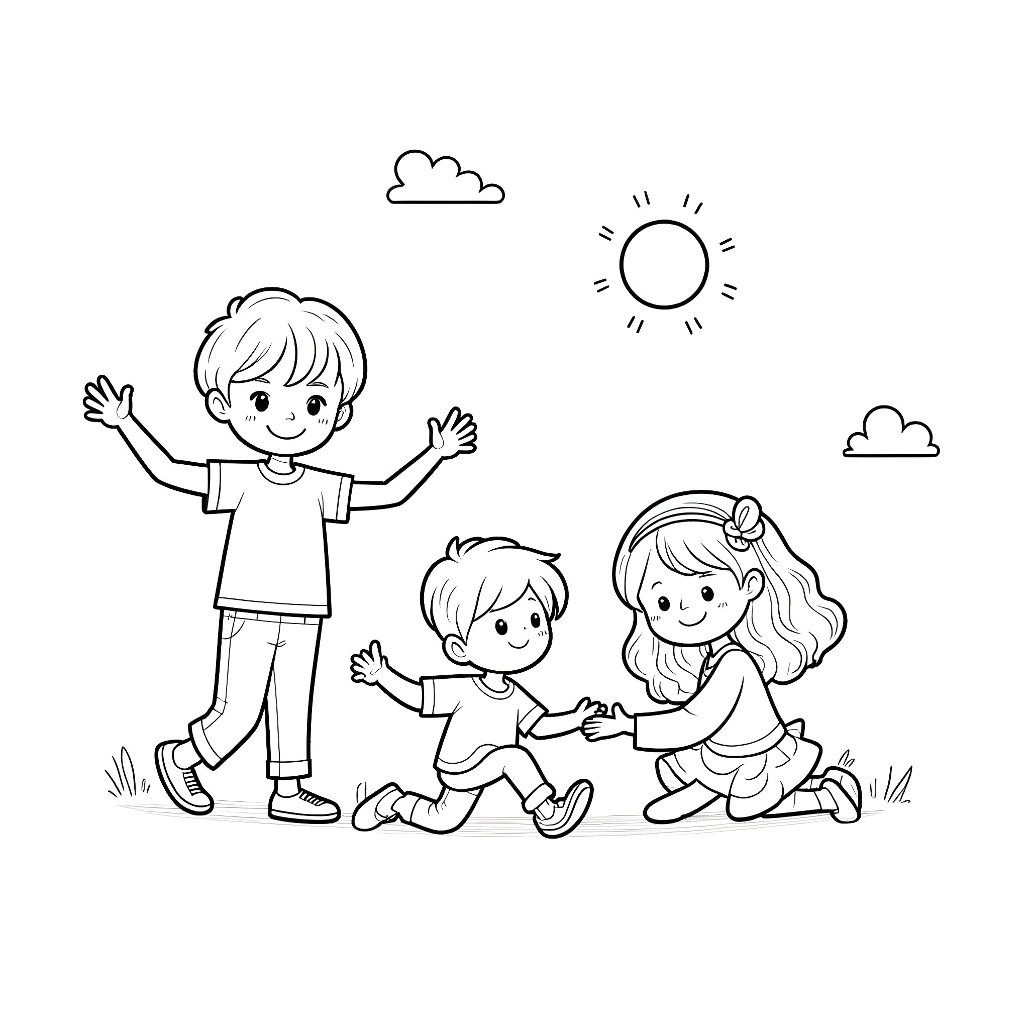 Bluey's Family Playtime in the Park Coloring Page (free black-and-white line drawing printable PDF for all, from beginners to advanced learners, including children, teens, adults, and seniors)