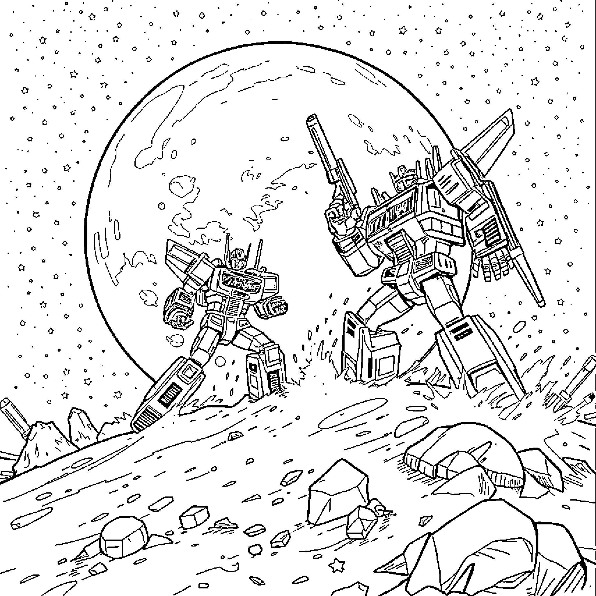 Transformer robots battle in a space landscape Coloring Page (free black-and-white line drawing printable PDF for all, from beginners to advanced learners, including children, teens, adults, and seniors)