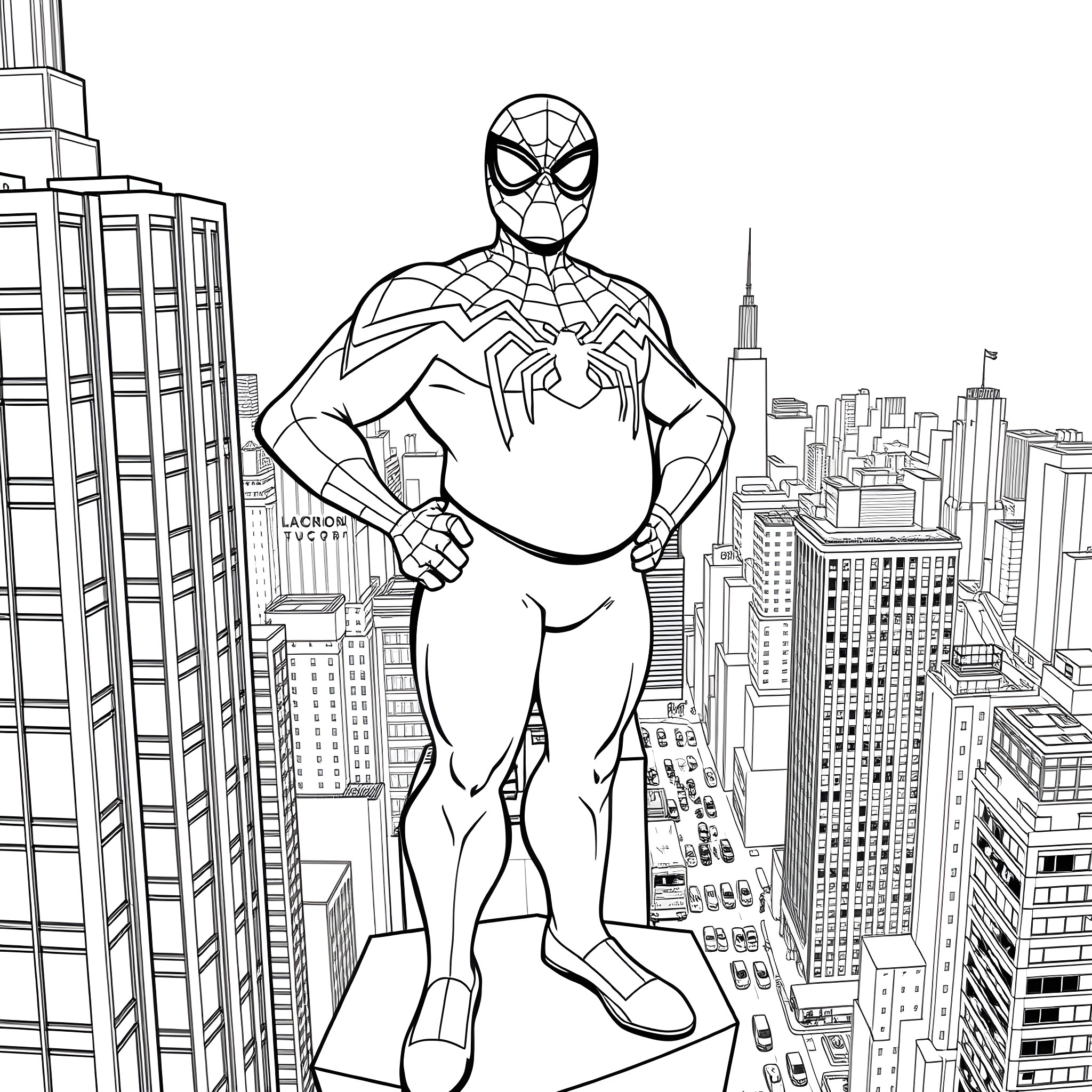Spider-Man overlooking the city from a high vantage point Coloring Page (free black-and-white line drawing printable PDF for all, from beginners to advanced learners, including children, teens, adults, and seniors)
