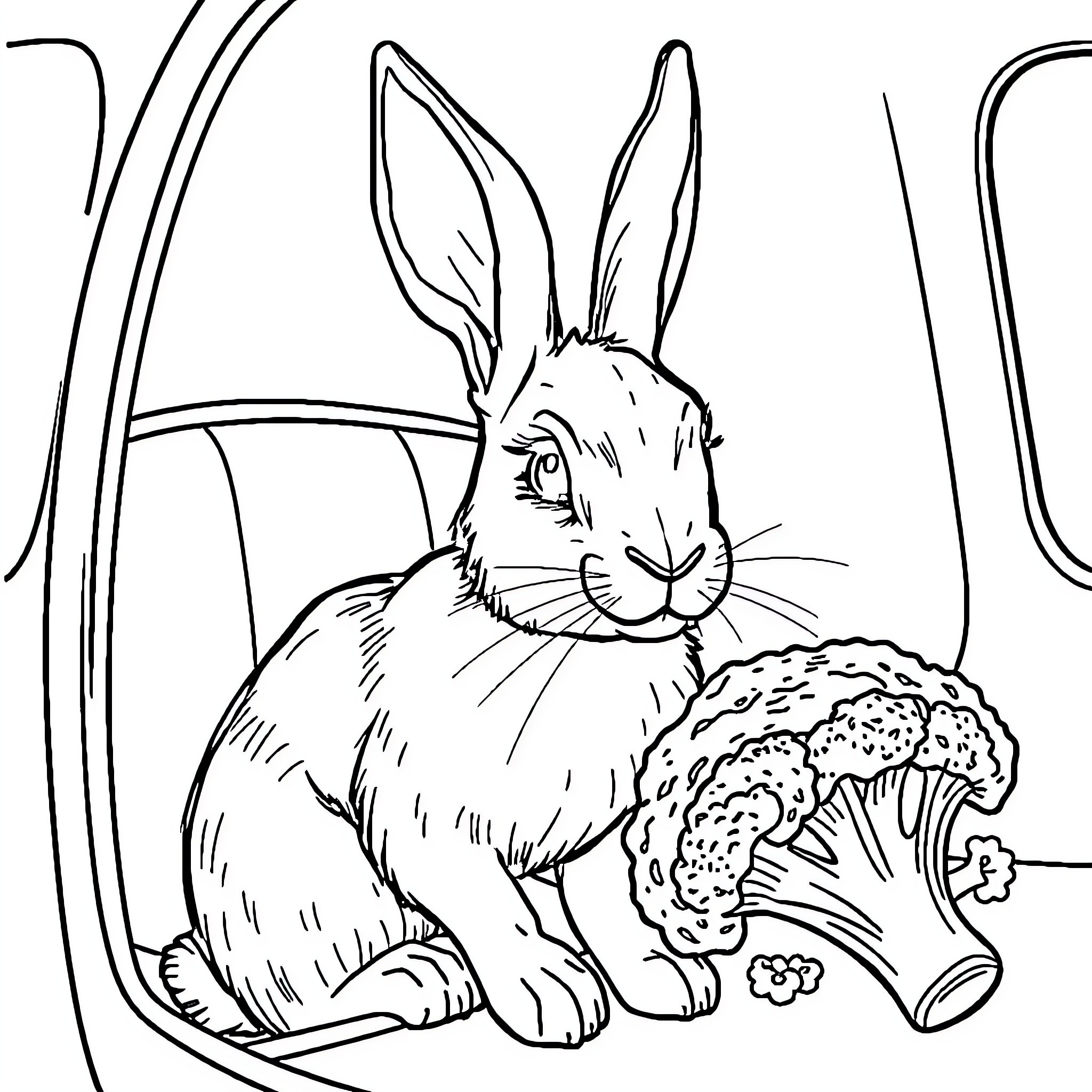 Rabbit enjoying a healthy snack Coloring Page (free black-and-white line drawing printable PDF for all, from beginners to advanced learners, including children, teens, adults, and seniors)