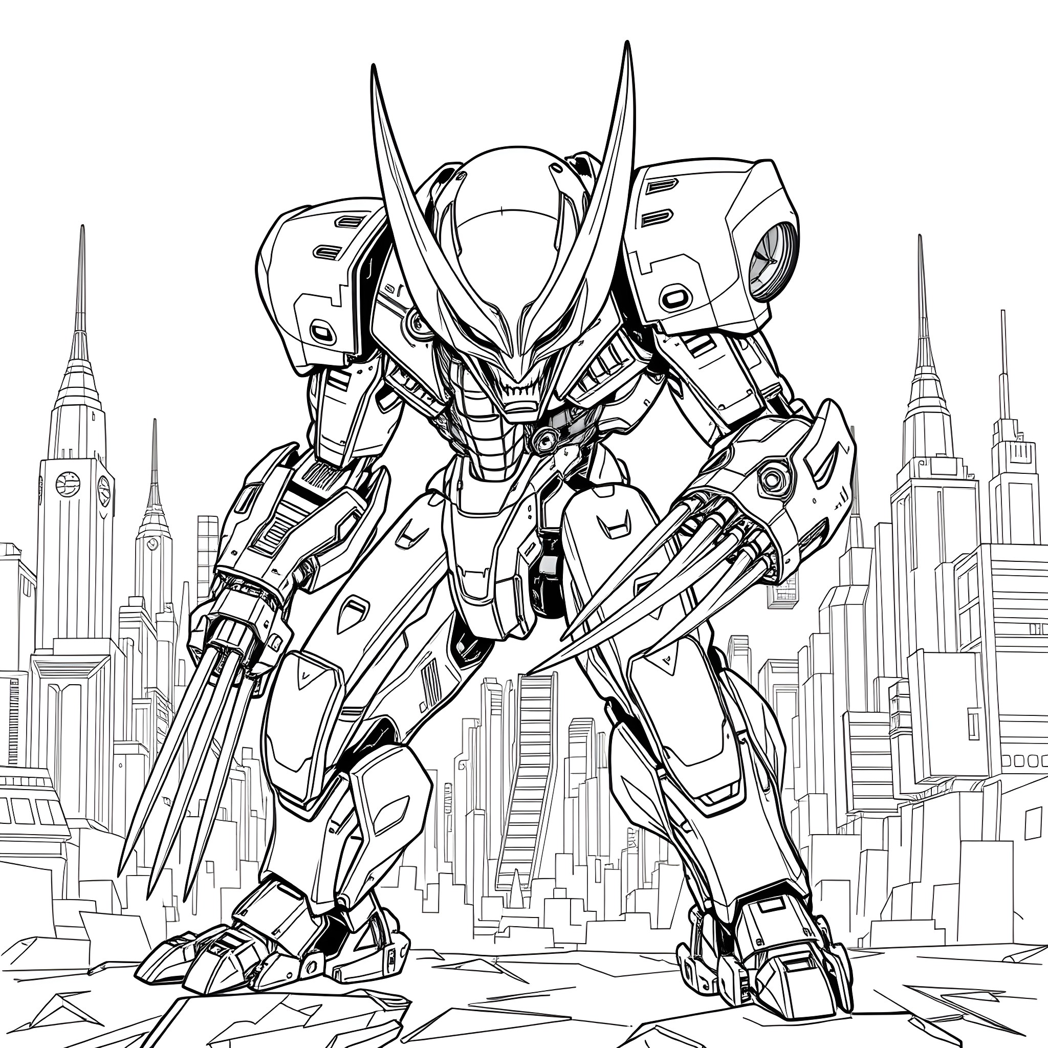 Mecha Wolverine Battles Futuristic Cityscape Coloring Page (free black-and-white line drawing printable PDF for all, from beginners to advanced learners, including children, teens, adults, and seniors)