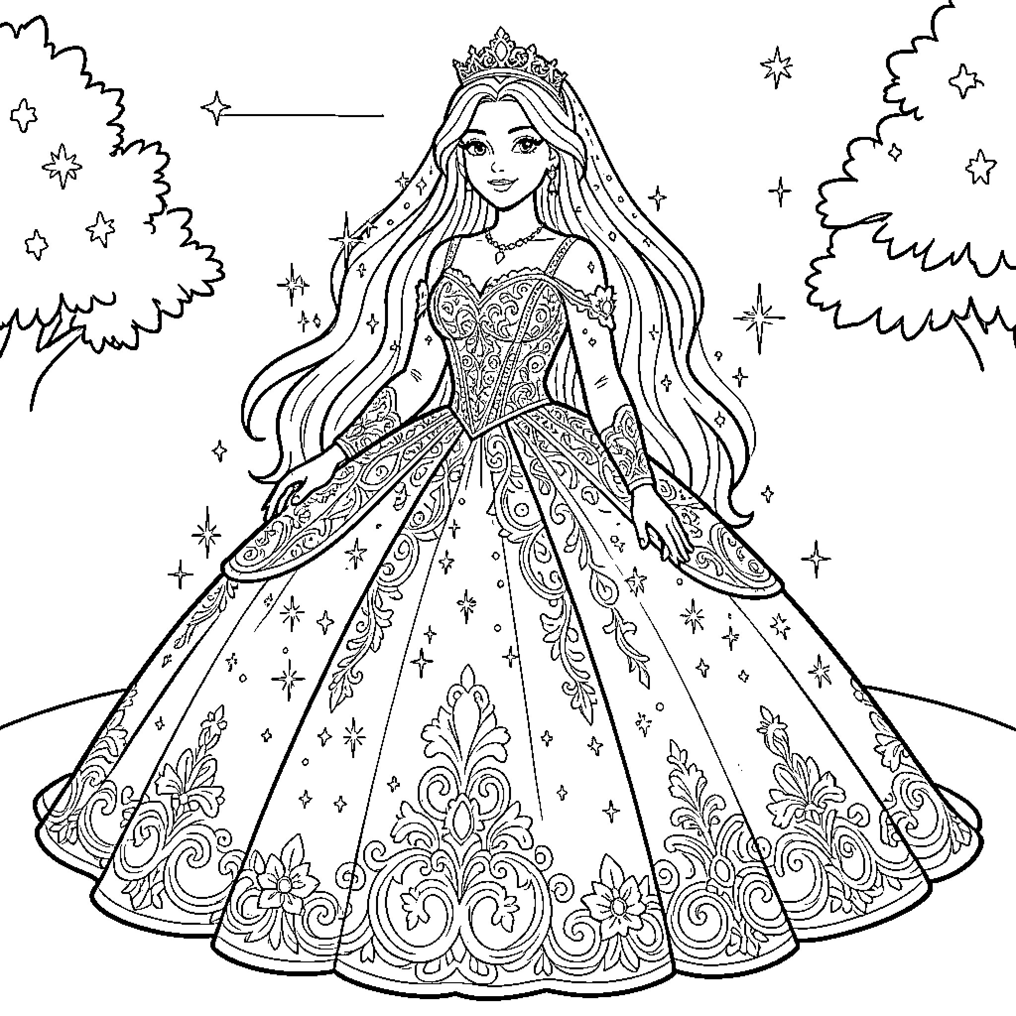 Princess in Intricate Gown Posing with Starry Backdrop Coloring Page (free black-and-white line drawing printable PDF for all, from beginners to advanced learners, including children, teens, adults, and seniors)
