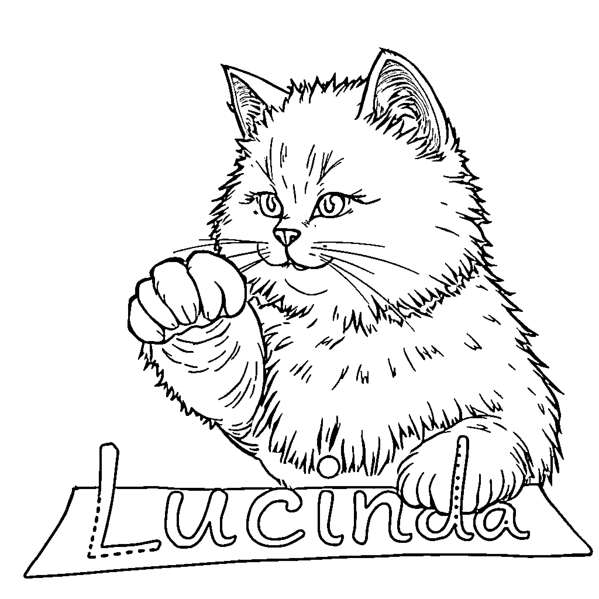 Cat paw punching Lucinda Coloring Page (free black-and-white line drawing printable PDF for all, from beginners to advanced learners, including children, teens, adults, and seniors)