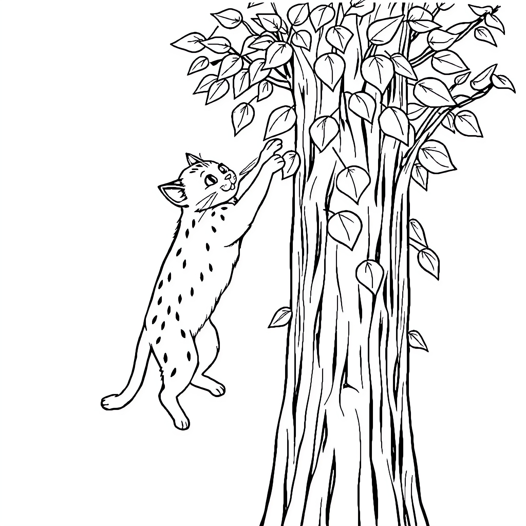 Cat climbing up a tree with leaves Coloring Page (free black-and-white line drawing printable PDF for all, from beginners to advanced learners, including children, teens, adults, and seniors)