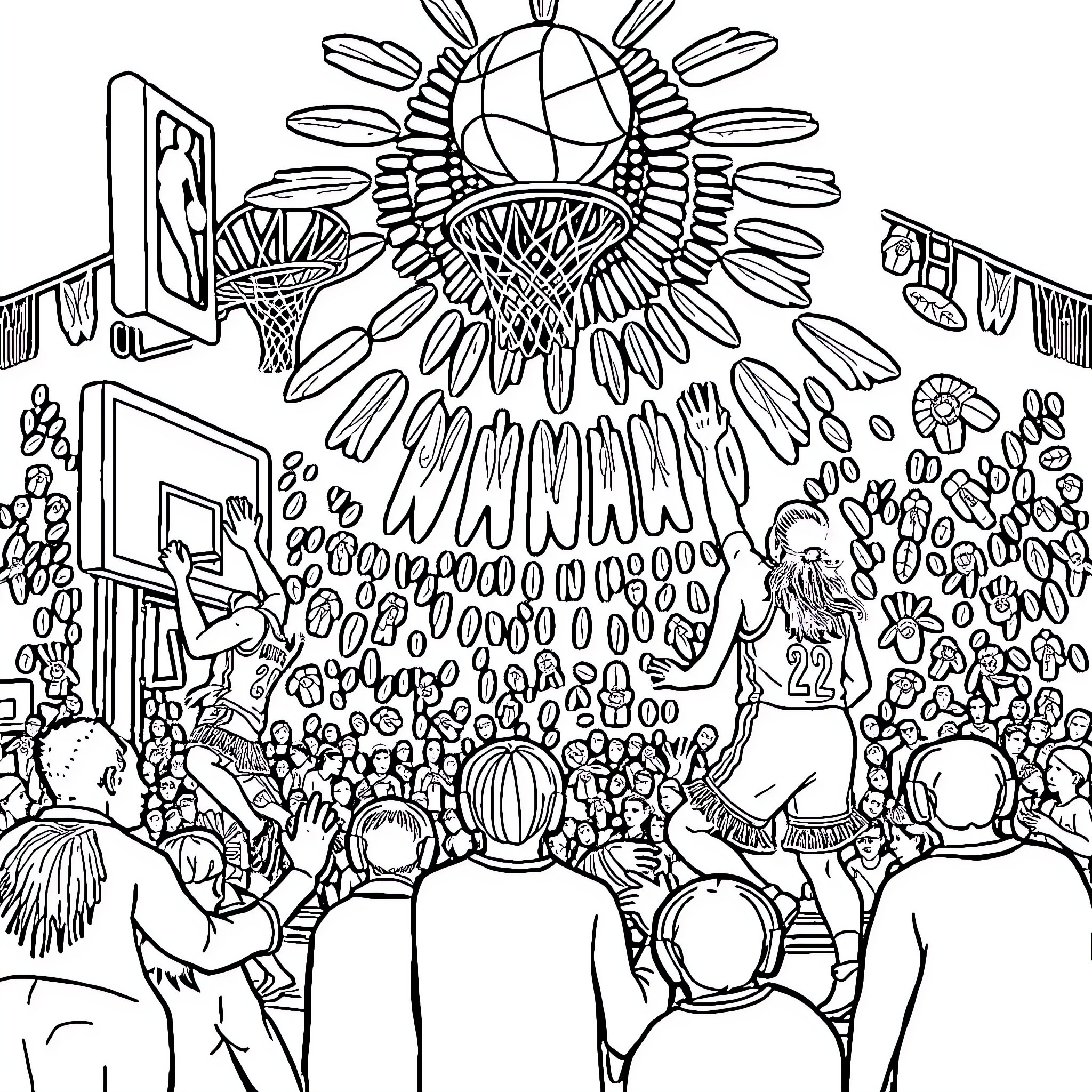 NBA Basketball Game with Energetic Crowd Coloring Page (free black-and-white line drawing printable PDF for all, from beginners to advanced learners, including children, teens, adults, and seniors)