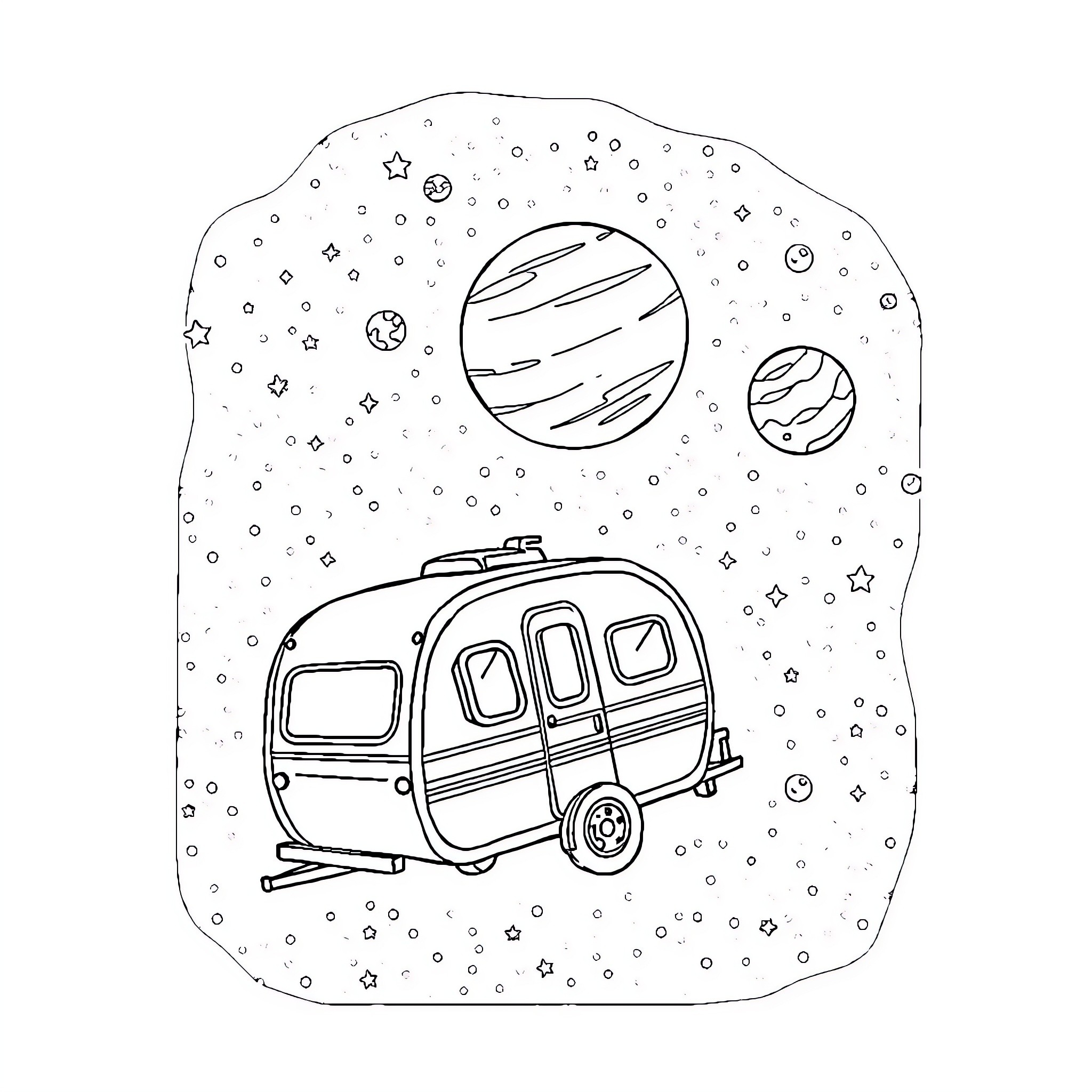 Travel Trailer Exploring Cosmic Wonders Coloring Page (free black-and-white line drawing printable PDF for all, from beginners to advanced learners, including children, teens, adults, and seniors)