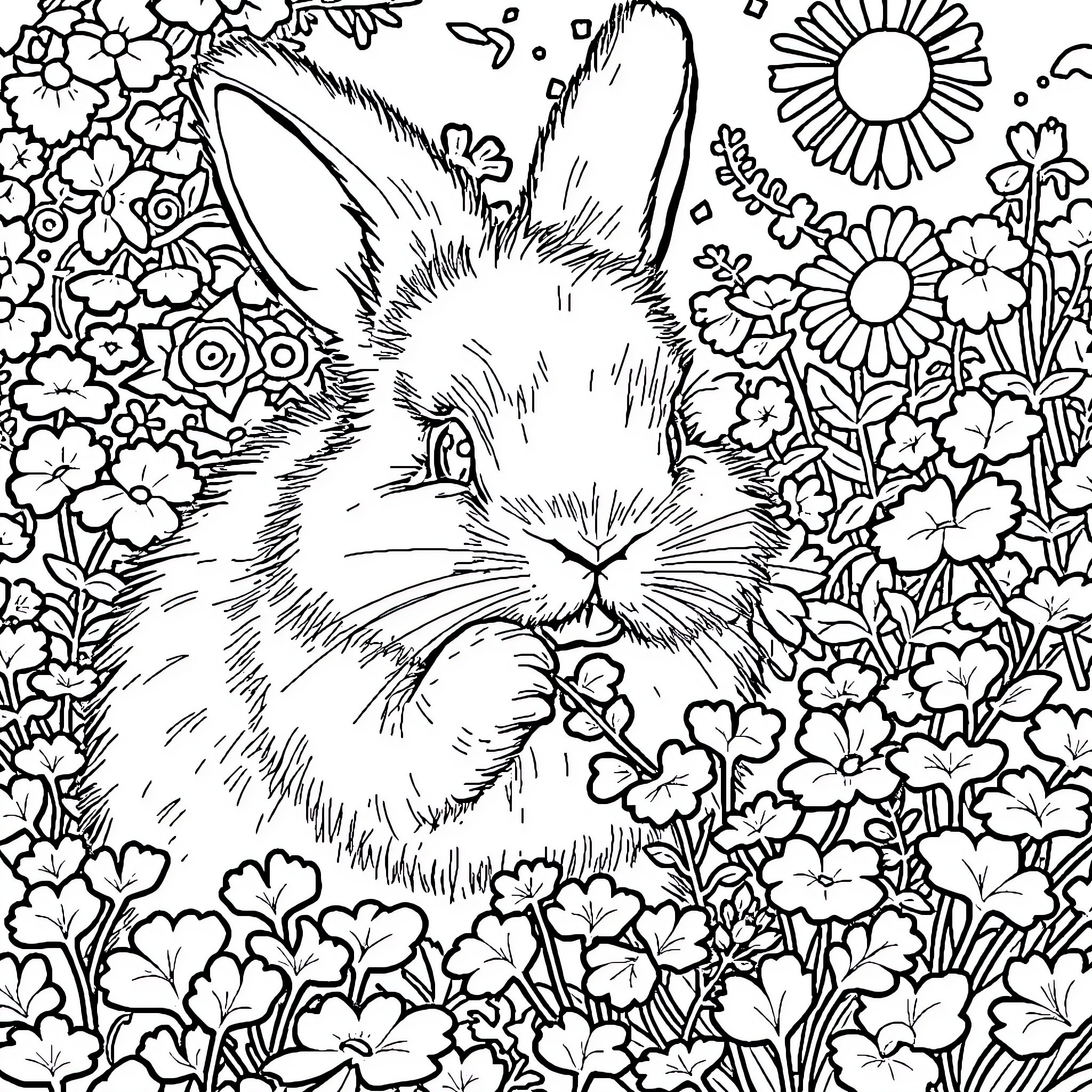 Rabbit resting amidst a floral garden Coloring Page (free black-and-white line drawing printable PDF for all, from beginners to advanced learners, including children, teens, adults, and seniors)