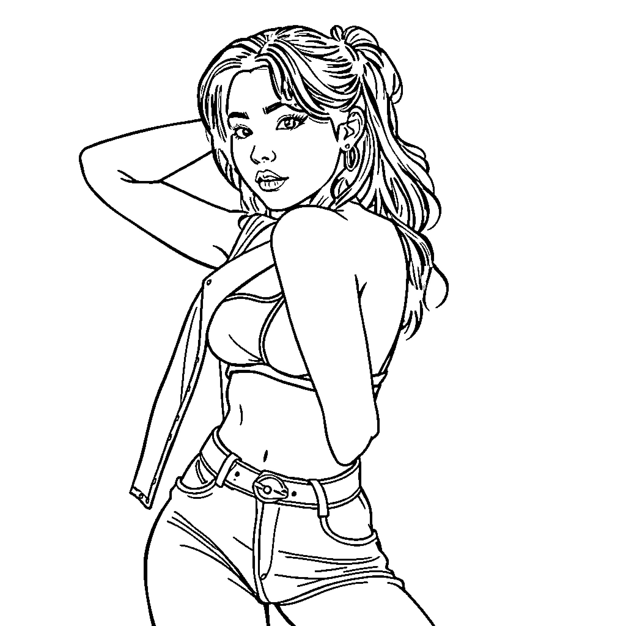 Kpop Idol's Confident Pose and Stylish Outfit Coloring Page (free black-and-white line drawing printable PDF for all, from beginners to advanced learners, including children, teens, adults, and seniors)