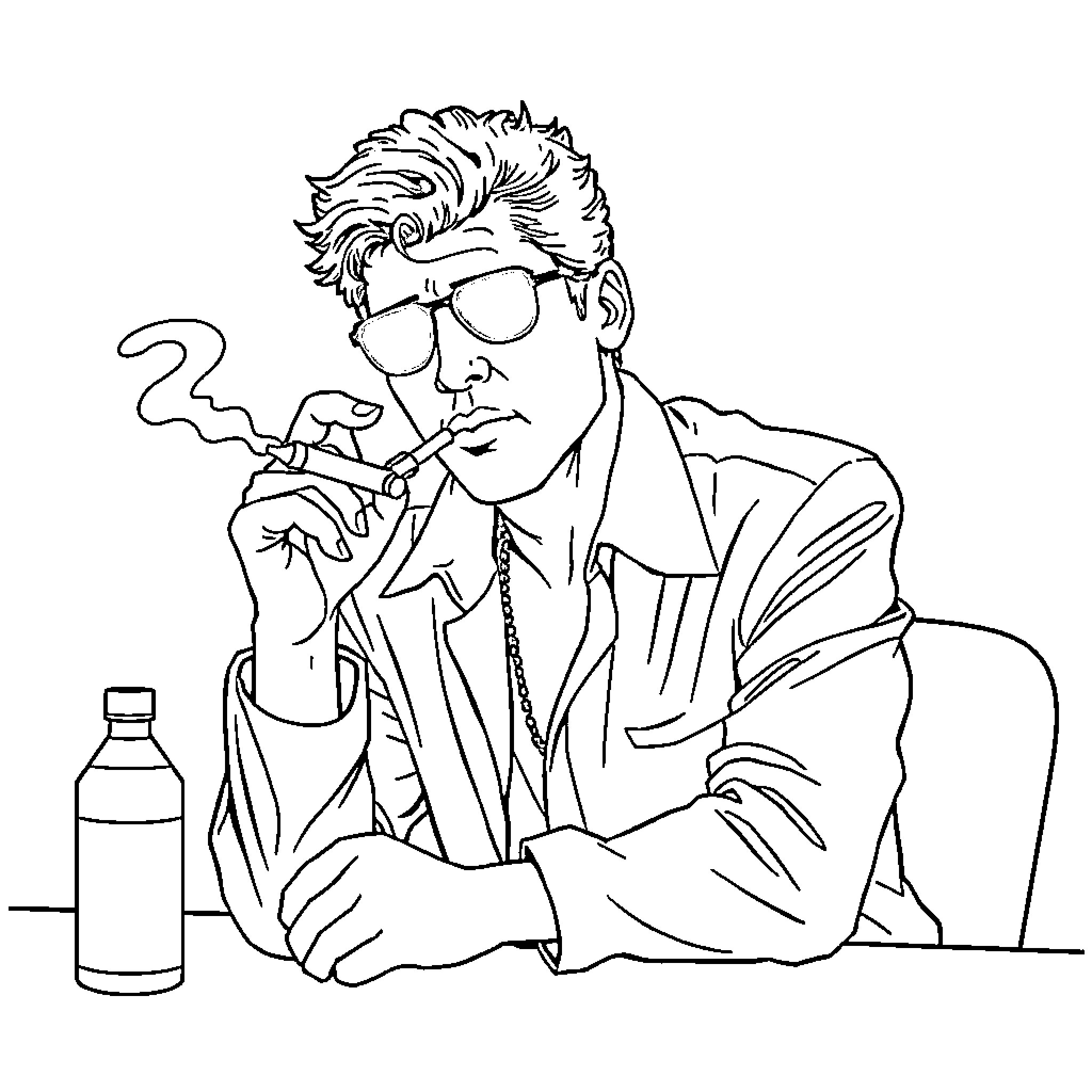 Tony Montana contemplating in a private moment Coloring Page (free black-and-white line drawing printable PDF for all, from beginners to advanced learners, including children, teens, adults, and seniors)