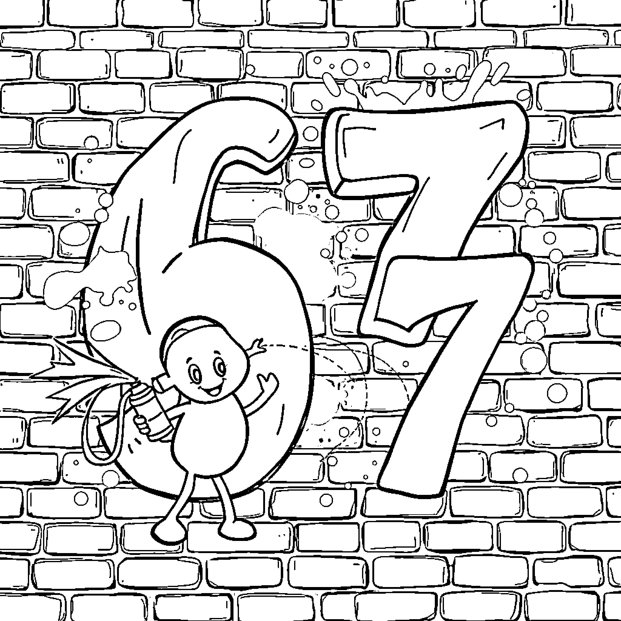 Number 67 with Playful Character on Brick Wall Coloring Page (free black-and-white line drawing printable PDF for all, from beginners to advanced learners, including children, teens, adults, and seniors)