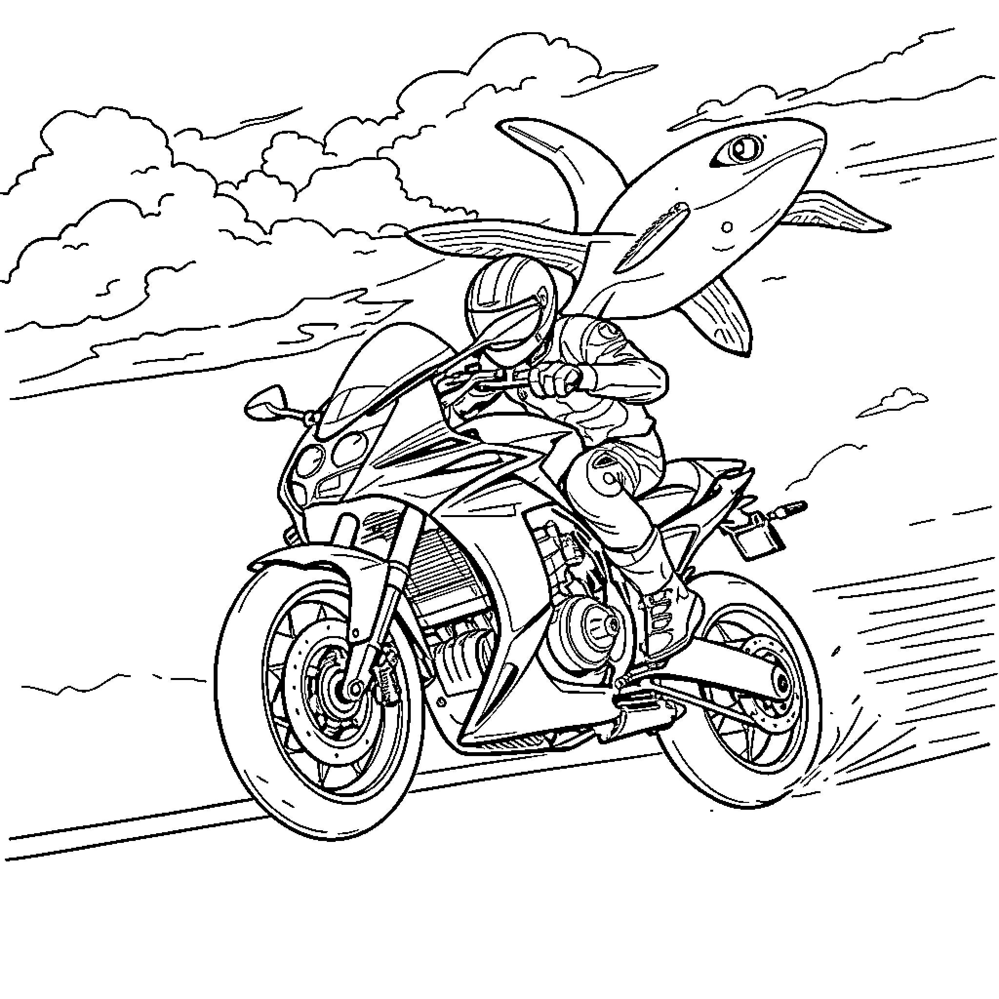 Motorcycle with a flying fish-like creature on the road Coloring Page (free black-and-white line drawing printable PDF for all, from beginners to advanced learners, including children, teens, adults, and seniors)