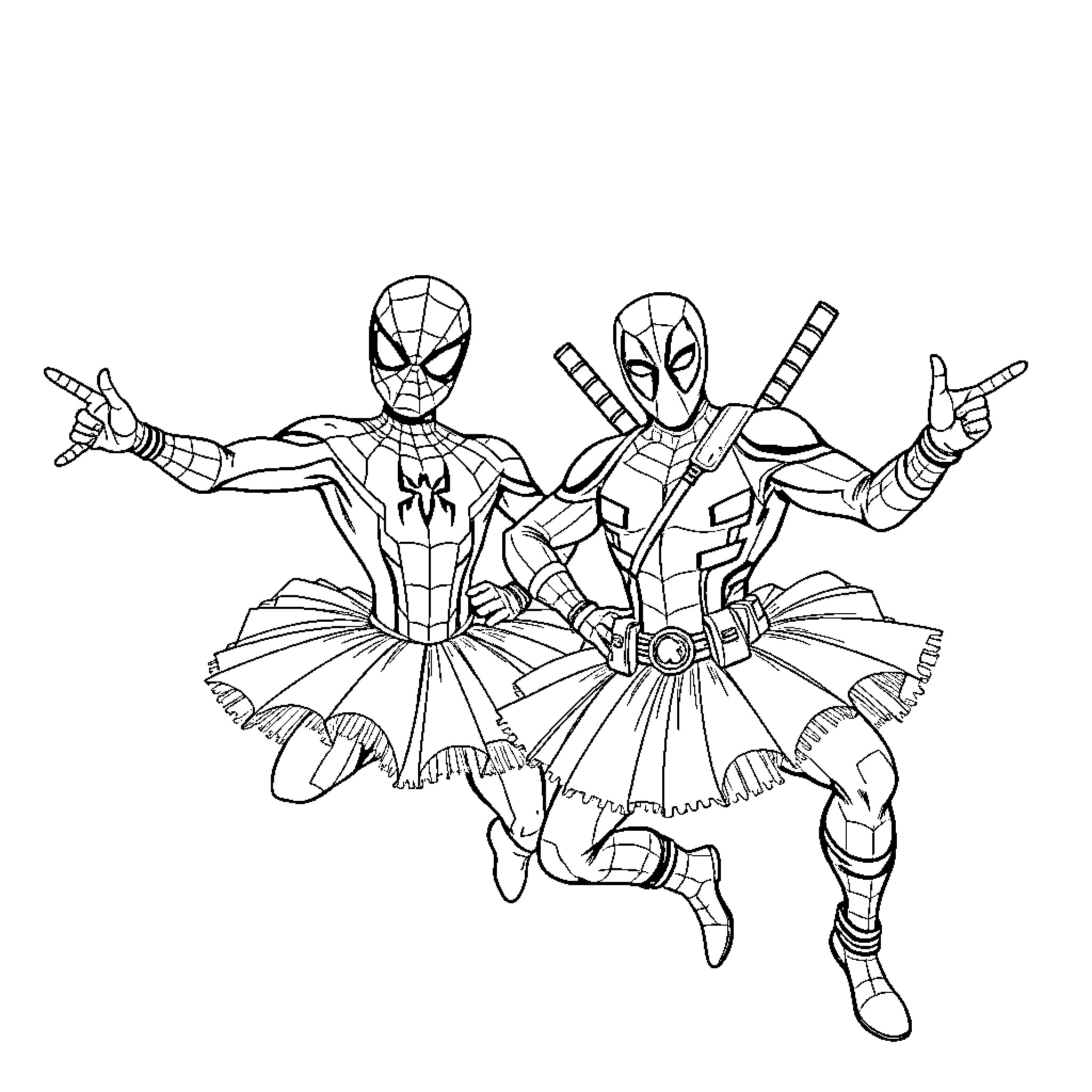 Spiderman and Deadpool in action poses Coloring Page (free black-and-white line drawing printable PDF for all, from beginners to advanced learners, including children, teens, adults, and seniors)