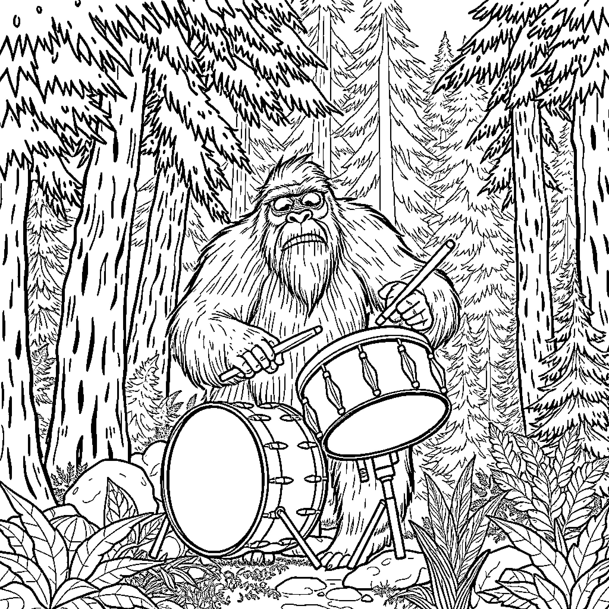 Bigfoot playing the drums in a forest Coloring Page (free black-and-white line drawing printable PDF for all, from beginners to advanced learners, including children, teens, adults, and seniors)