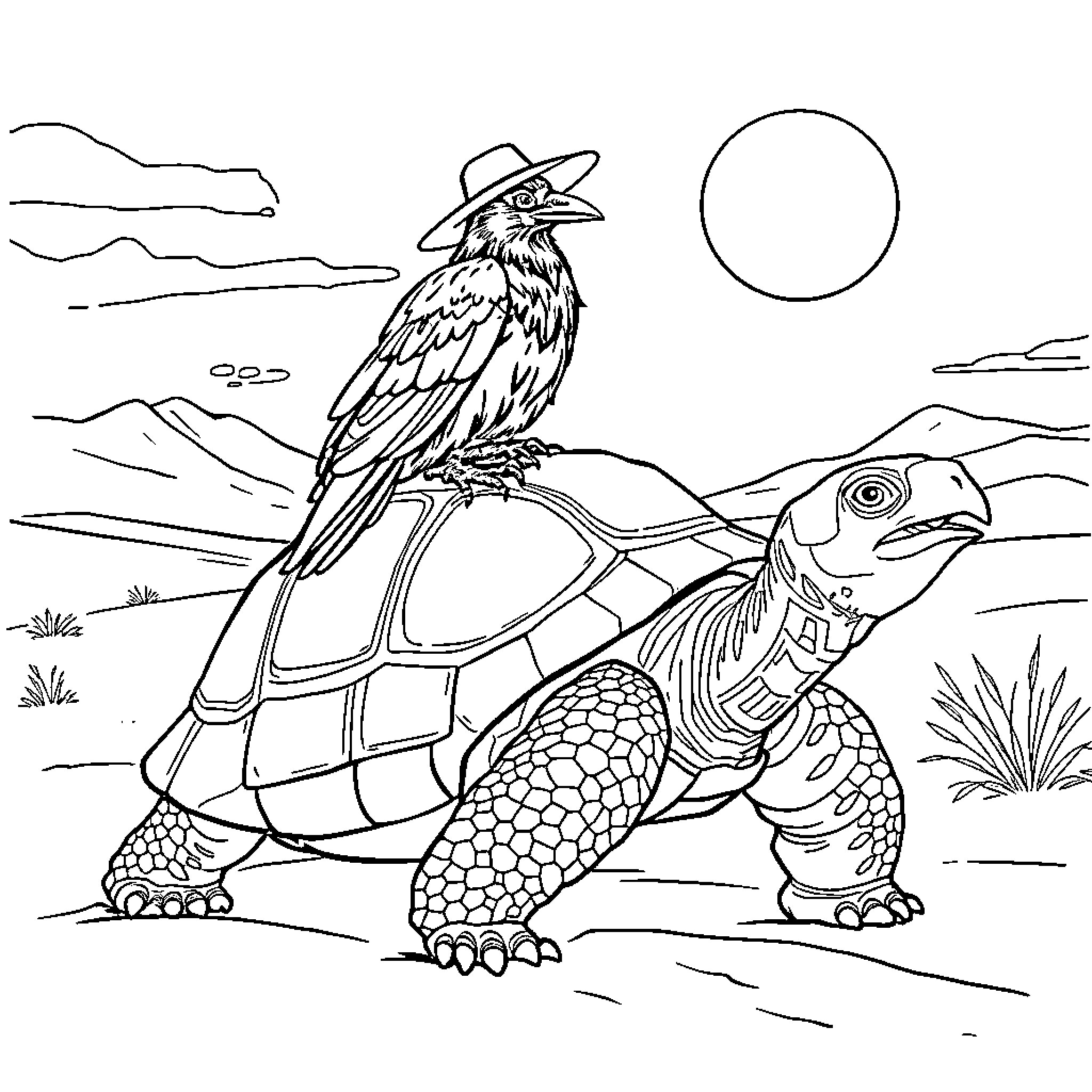 Raven perched on a tortoise in the wilderness Coloring Page (free black-and-white line drawing printable PDF for all, from beginners to advanced learners, including children, teens, adults, and seniors)