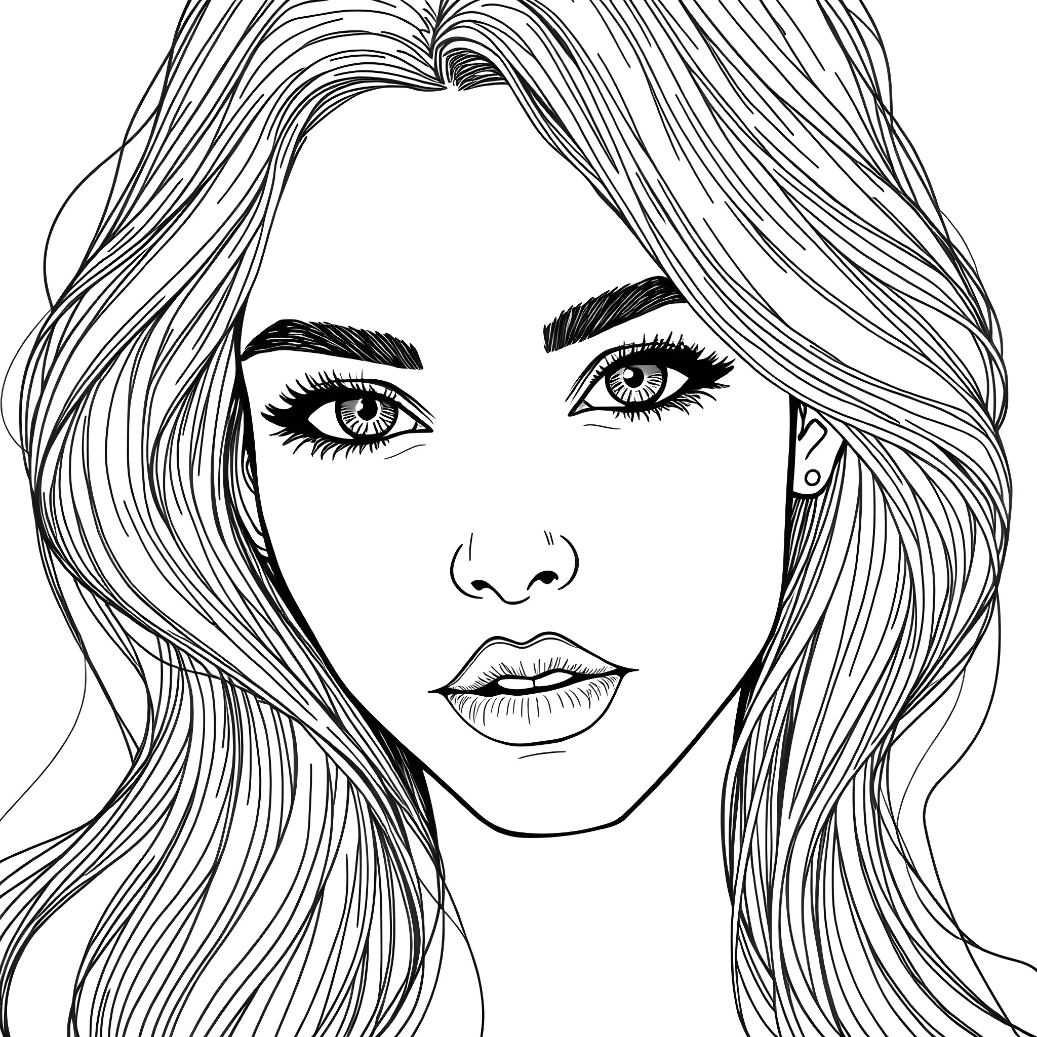 Woman with long, flowing hair and piercing gaze Coloring Page (free black-and-white line drawing printable PDF for all, from beginners to advanced learners, including children, teens, adults, and seniors)