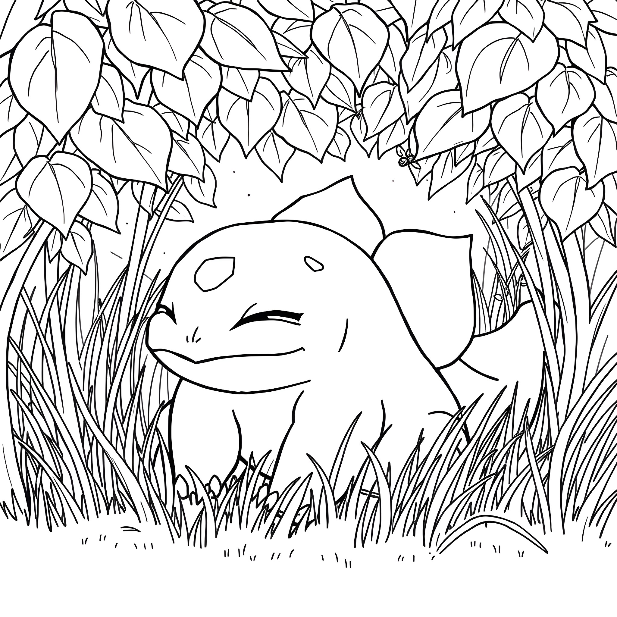 Bulbasaur resting in the lush foliage Coloring Page (free black-and-white line drawing printable PDF for all, from beginners to advanced learners, including children, teens, adults, and seniors)