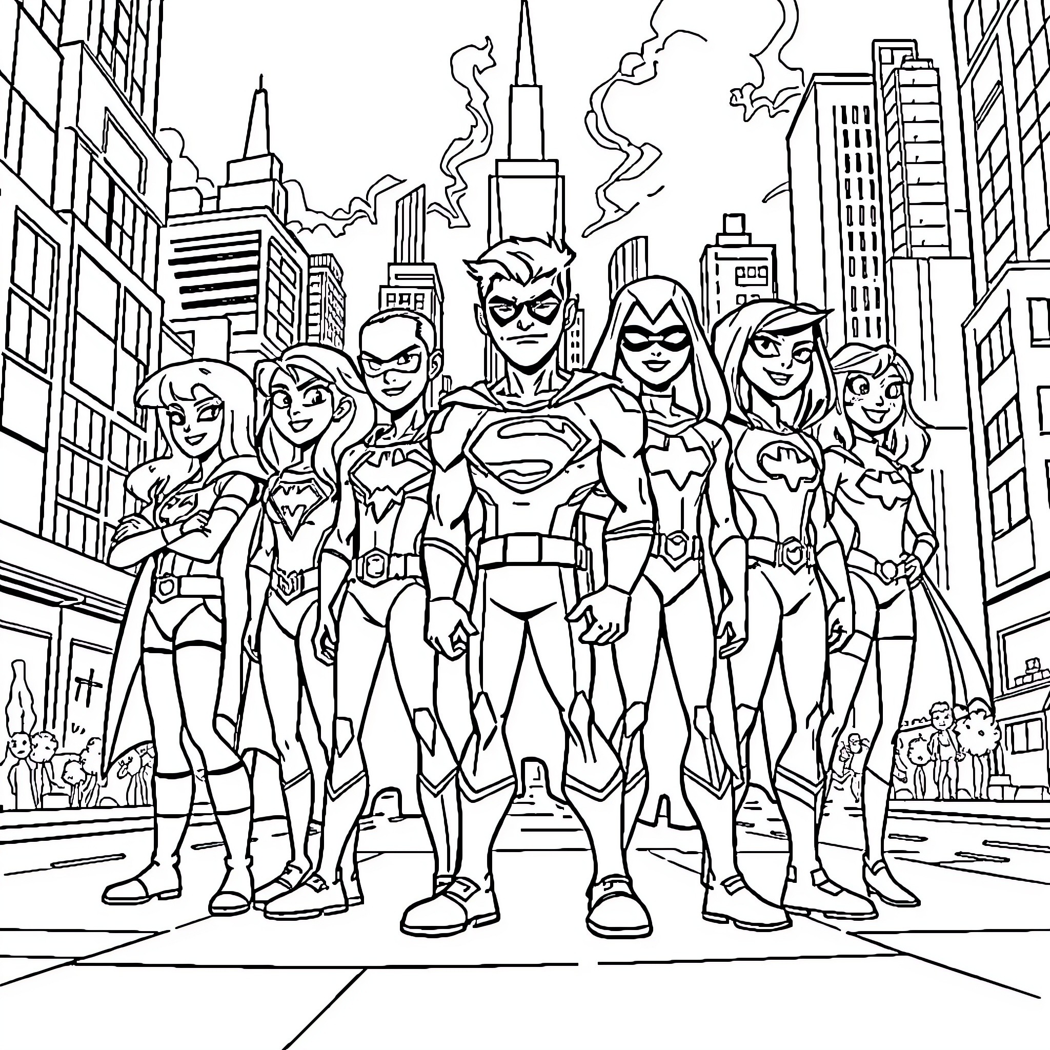 Teen Titans in Action Poses Against City Skyline Coloring Page (free black-and-white line drawing printable PDF for all, from beginners to advanced learners, including children, teens, adults, and seniors)