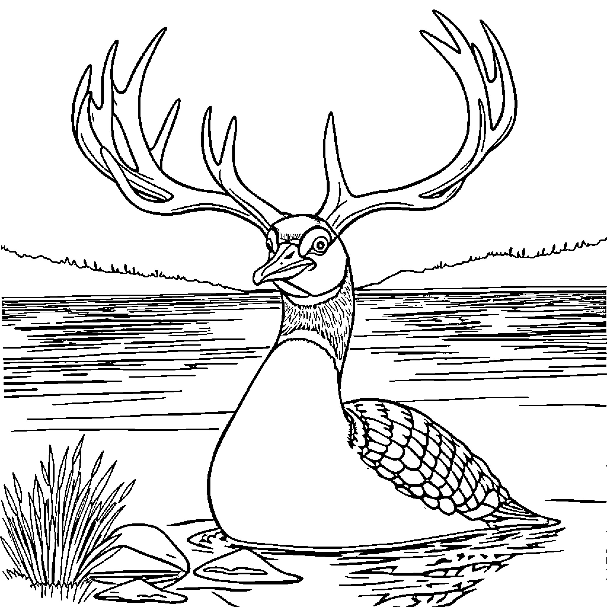 Loon swimming gracefully in the lake Coloring Page (free black-and-white line drawing printable PDF for all, from beginners to advanced learners, including children, teens, adults, and seniors)