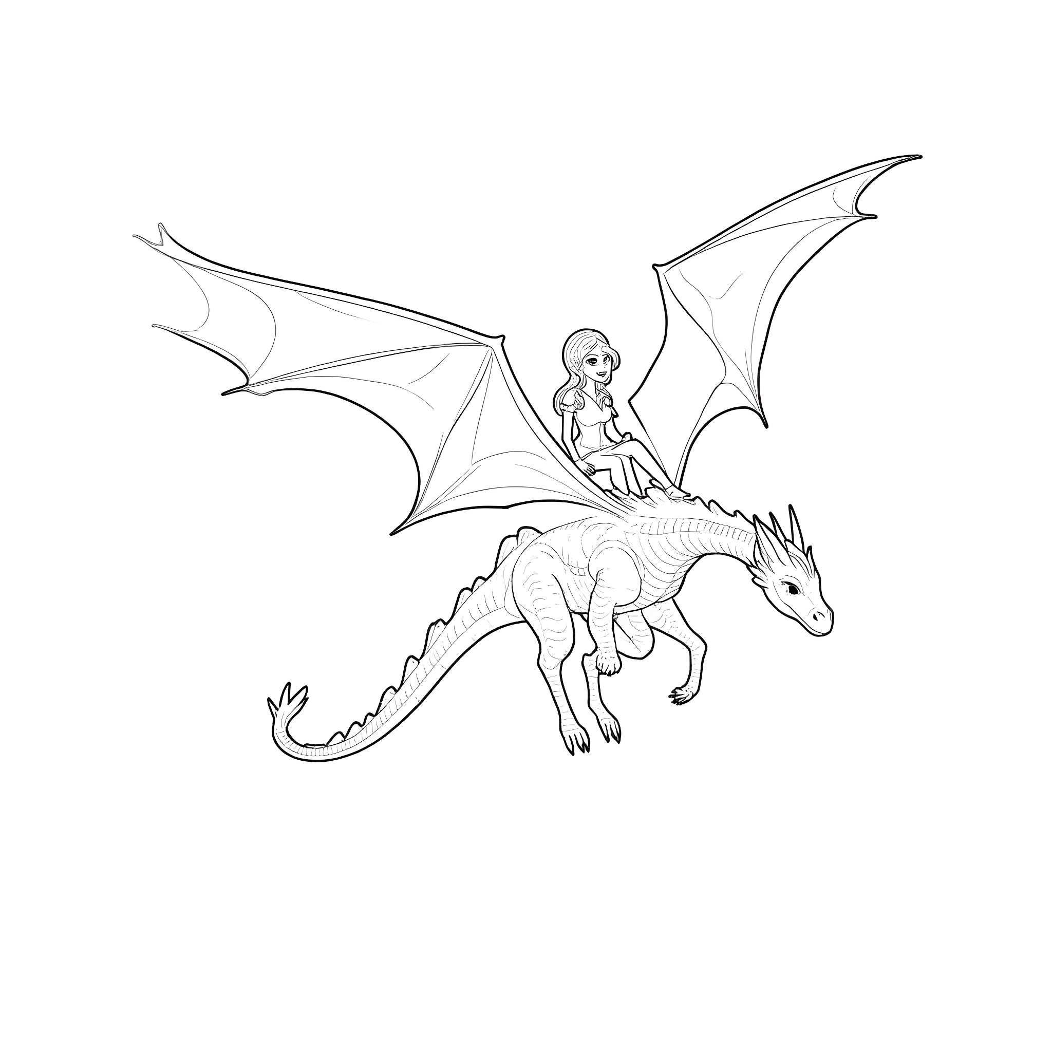 Ms Rachel riding a majestic dragon in fantasy realm Coloring Page (free black-and-white line drawing printable PDF for all, from beginners to advanced learners, including children, teens, adults, and seniors)