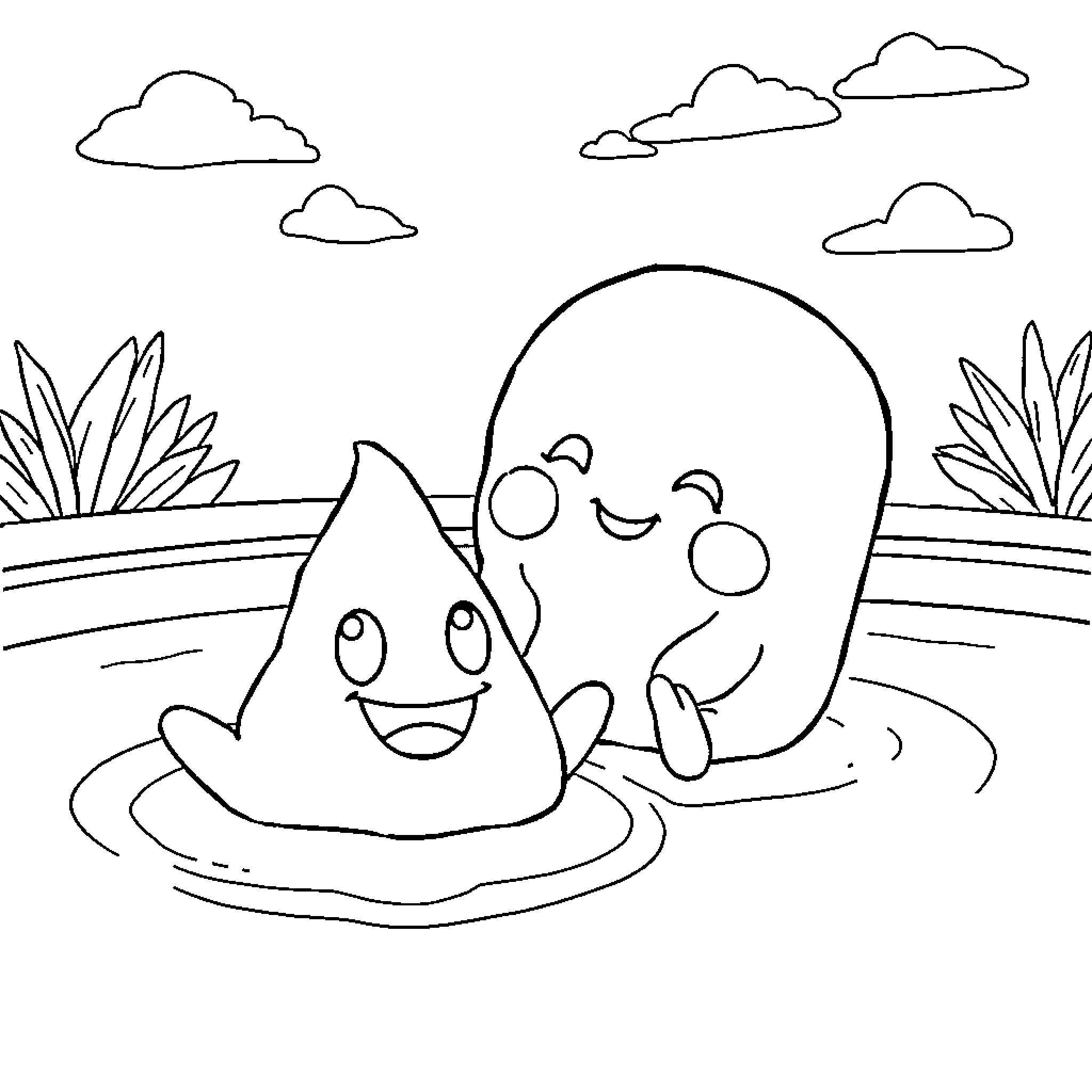 Jelly friends playing happily in the pond Coloring Page (free black-and-white line drawing printable PDF for all, from beginners to advanced learners, including children, teens, adults, and seniors)