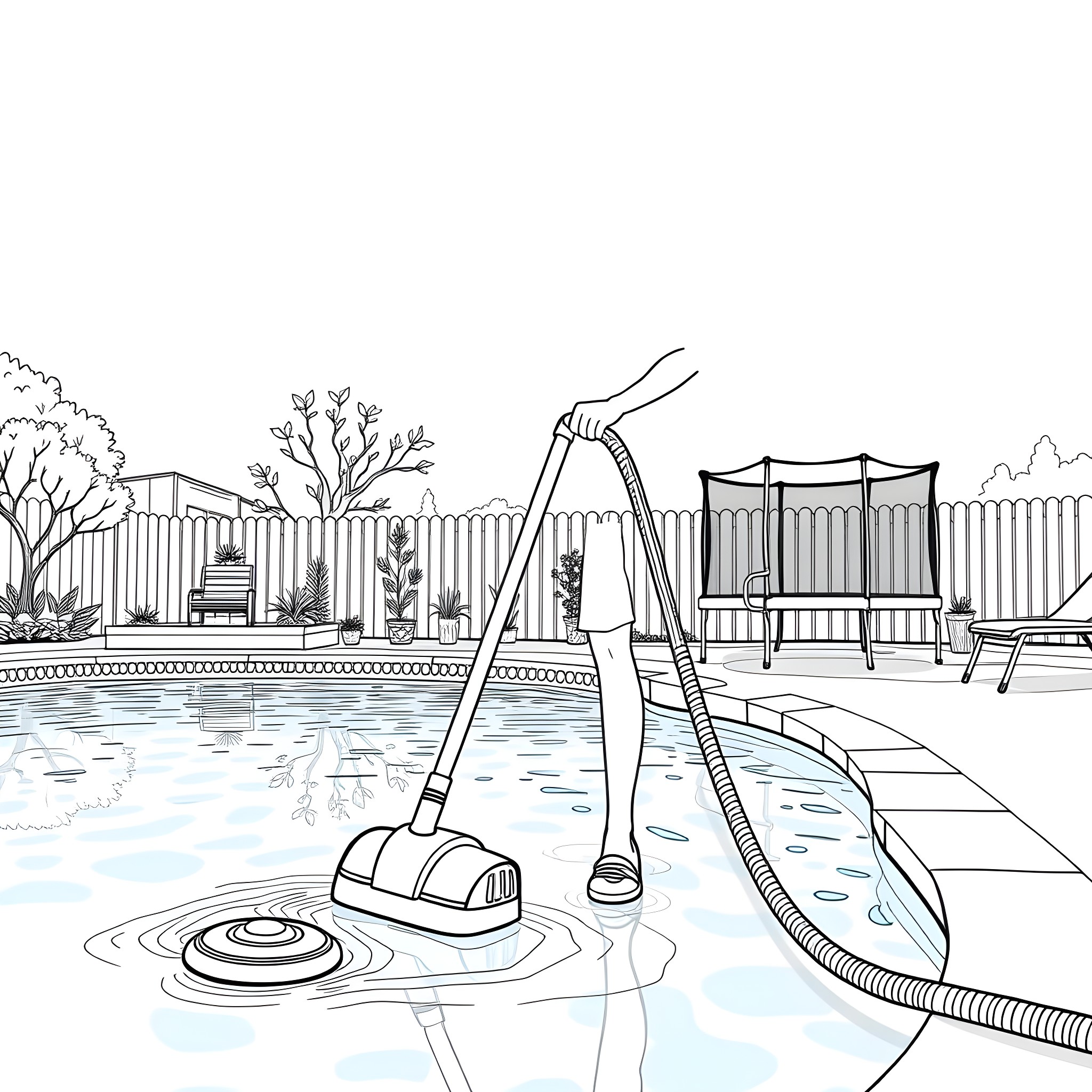 Teen Guy Cleaning and Maintaining Outdoor Pool Coloring Page (free black-and-white line drawing printable PDF for all, from beginners to advanced learners, including children, teens, adults, and seniors)