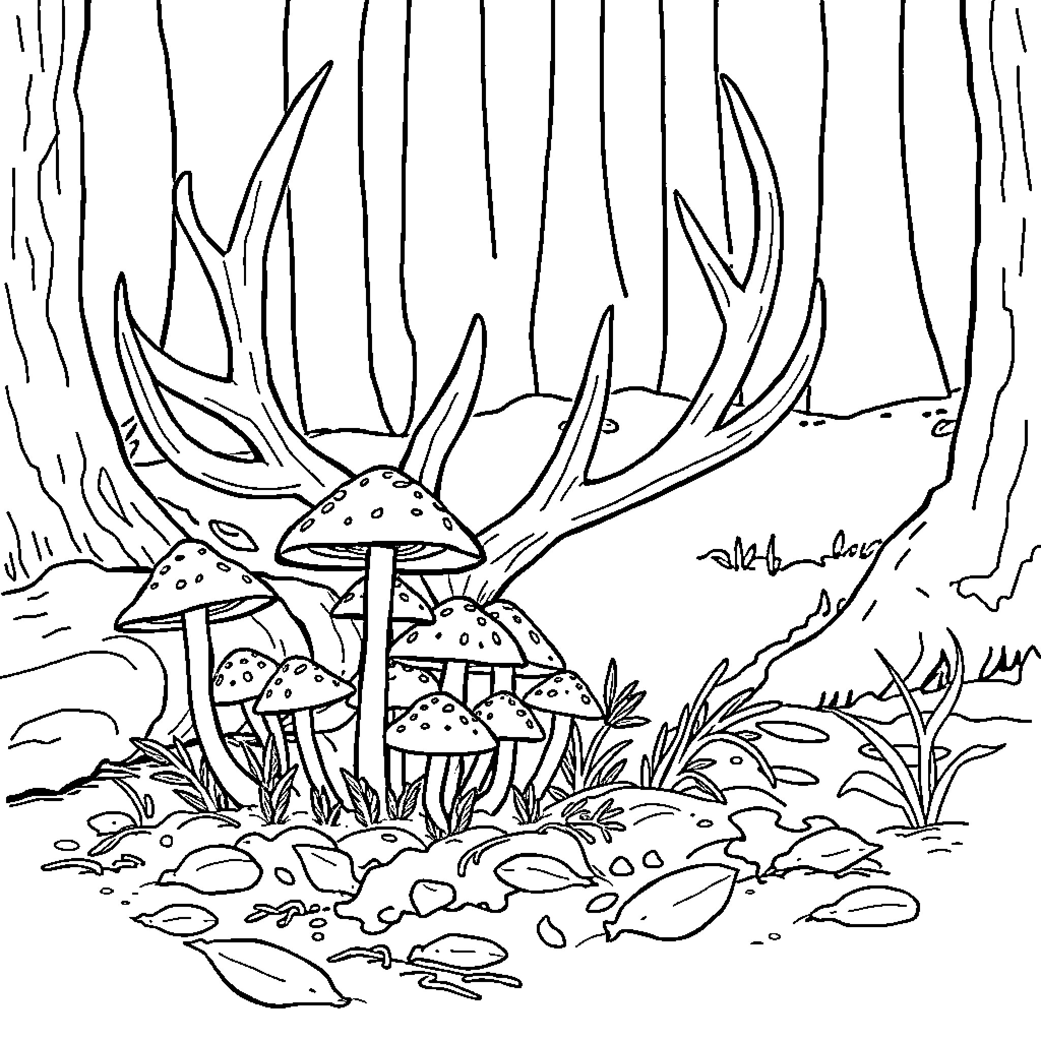 Mushroom forest with whimsical mushroom shapes Coloring Page (free black-and-white line drawing printable PDF for all, from beginners to advanced learners, including children, teens, adults, and seniors)