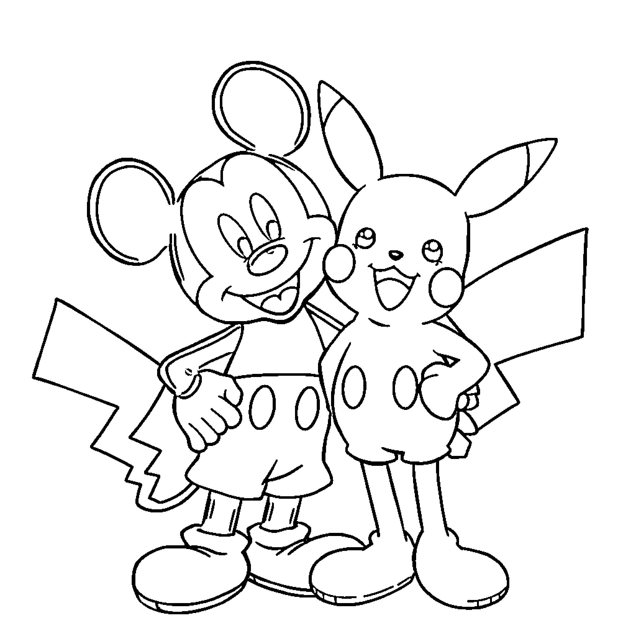 Mickey Mouse and Pikachu in a cartoon sketch Coloring Page (free black-and-white line drawing printable PDF for all, from beginners to advanced learners, including children, teens, adults, and seniors)