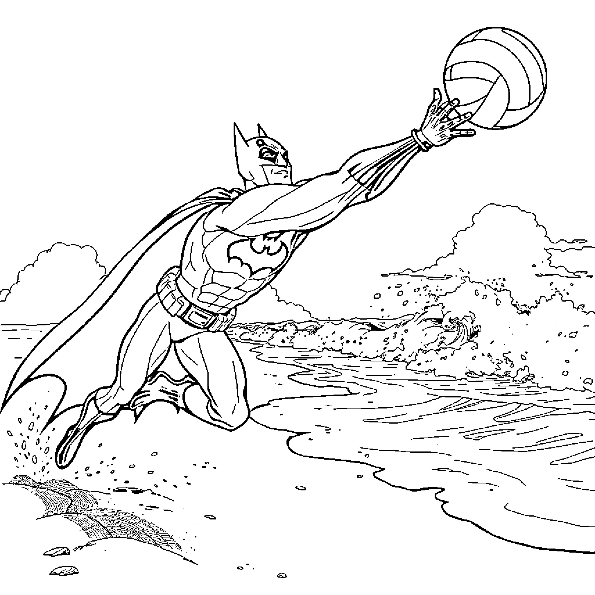 Batman chasing a volleyball through the air Coloring Page (free black-and-white line drawing printable PDF for all, from beginners to advanced learners, including children, teens, adults, and seniors)