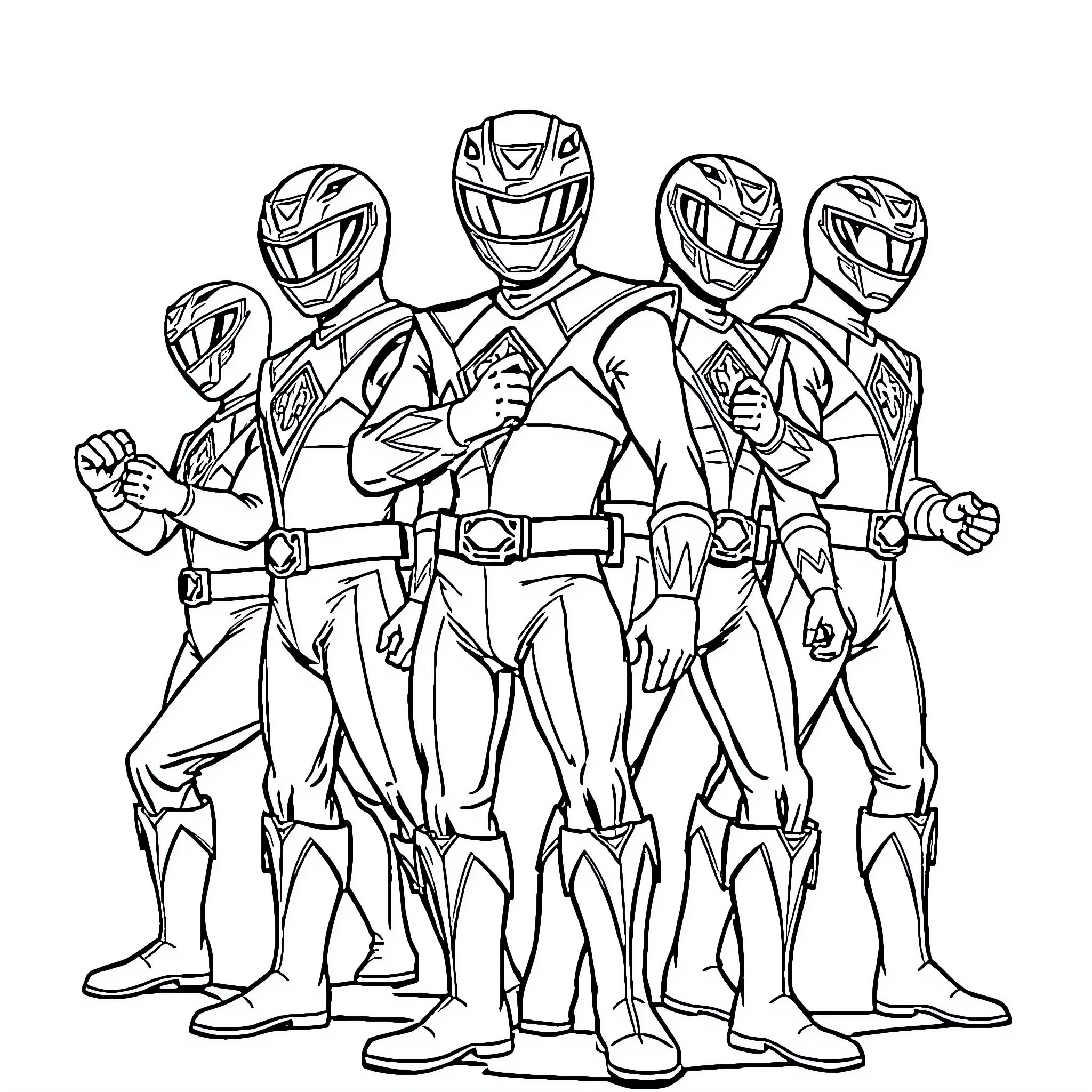 Power Rangers Team Assembled in Action Poses Coloring Page (free black-and-white line drawing printable PDF for all, from beginners to advanced learners, including children, teens, adults, and seniors)