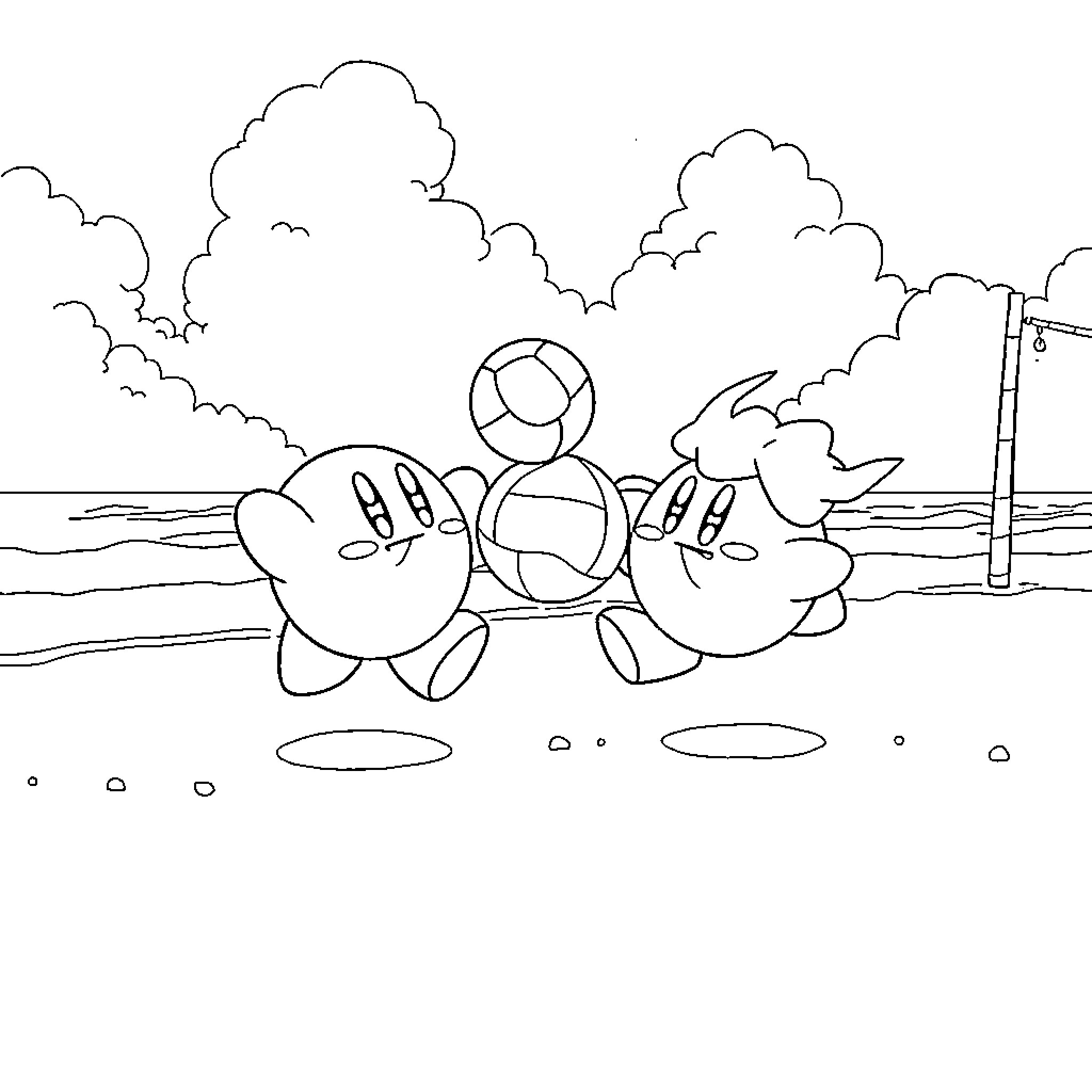 Kirby and friends playing together in nature Coloring Page (free black-and-white line drawing printable PDF for all, from beginners to advanced learners, including children, teens, adults, and seniors)