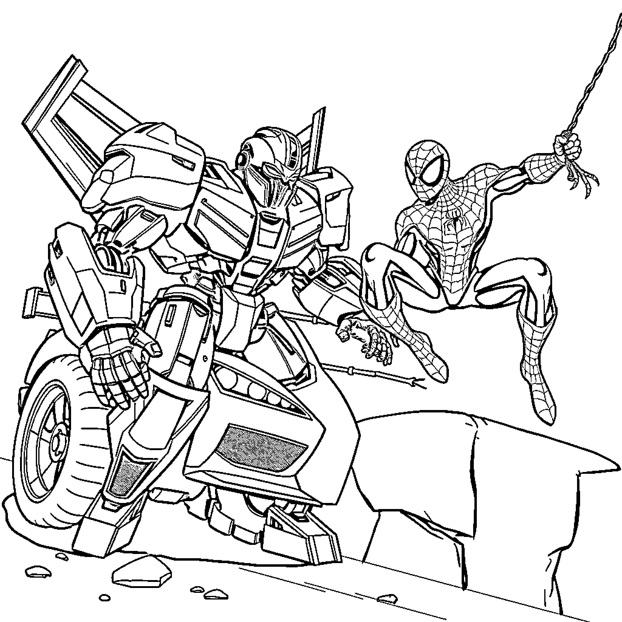 Bumblebee and Spider-Man in action Coloring Page (free black-and-white line drawing printable PDF for all, from beginners to advanced learners, including children, teens, adults, and seniors)