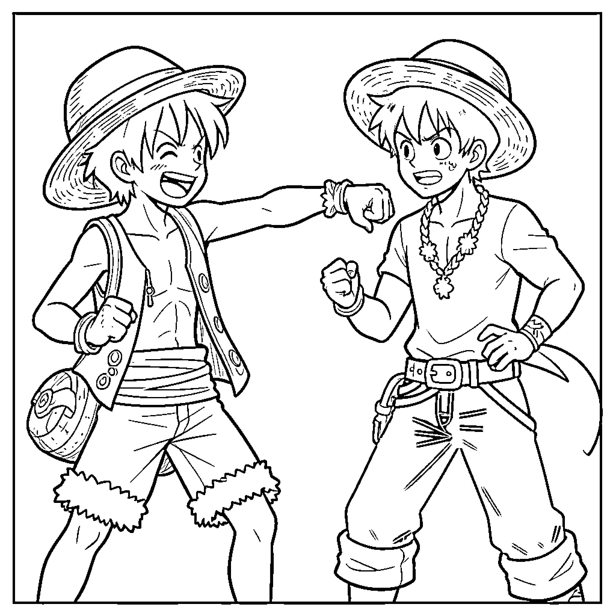 Luffy laughing and interacting with a young boy Coloring Page (free black-and-white line drawing printable PDF for all, from beginners to advanced learners, including children, teens, adults, and seniors)
